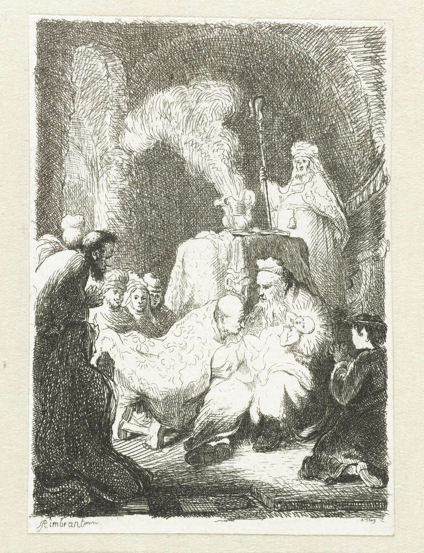 Religious etching by Arnold Thery depicting a circumcision ritual with intricate figures.
