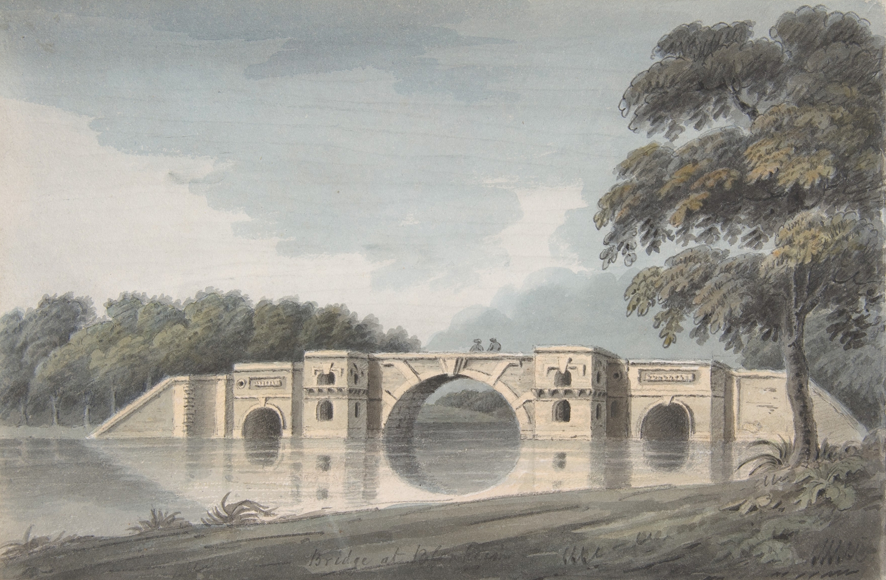 Bridge at Blenheim Palace by Hubert Cornish, oil on canvas, featuring a lush landscape and arching bridge.