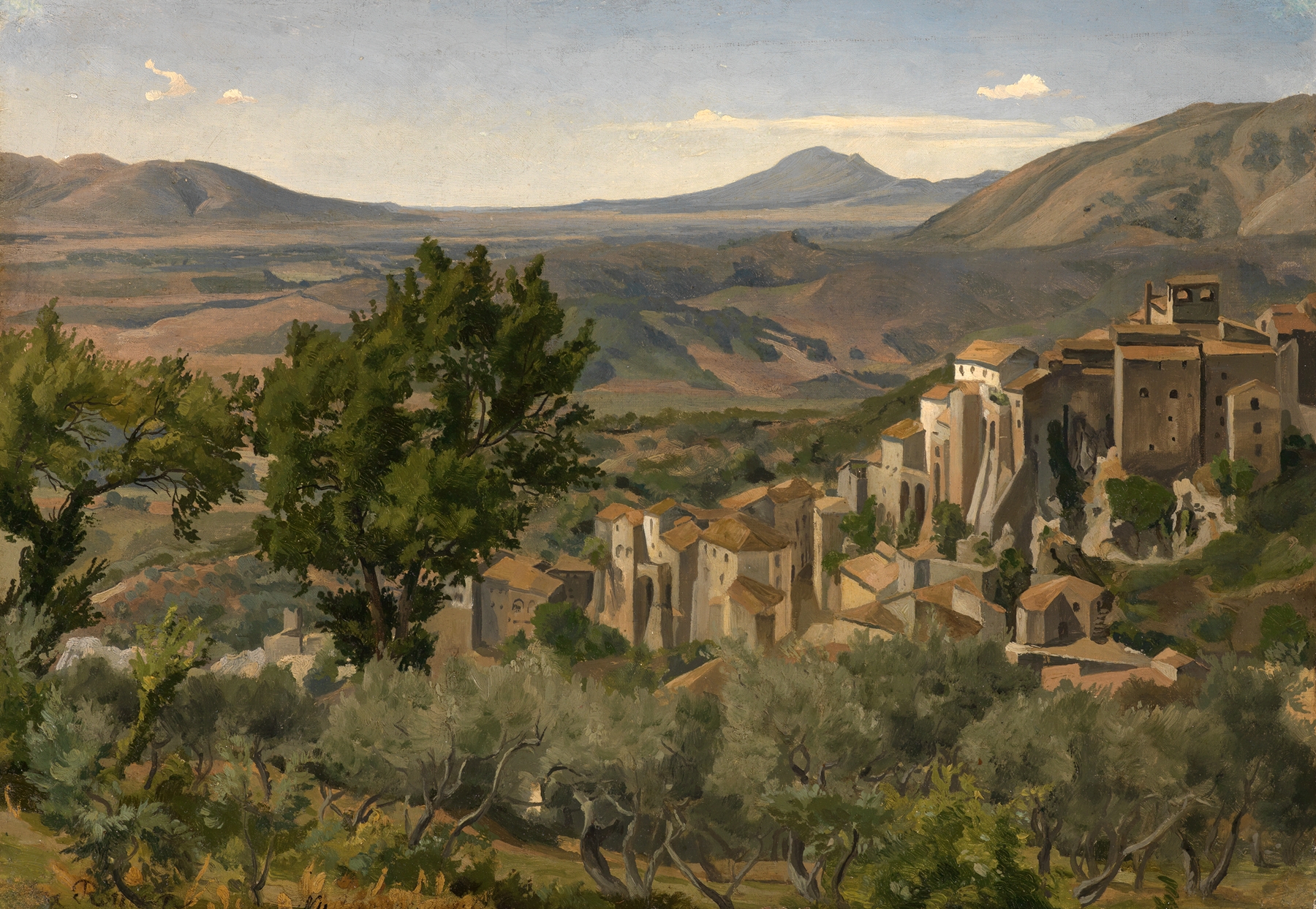 Landschaft bei Olevano by Max Wilhelm Roman, oil on canvas depicting hills and sunlight.