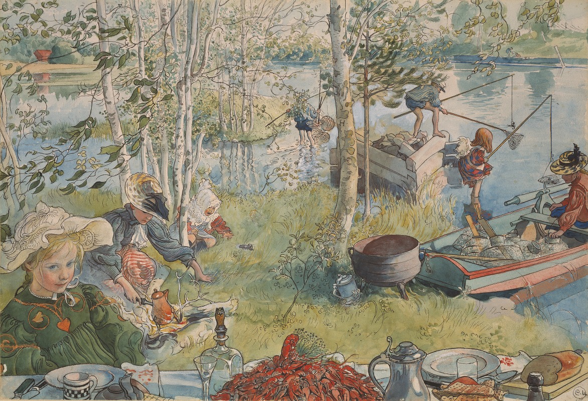 A serene scene of children engaged in crayfishing by a river.