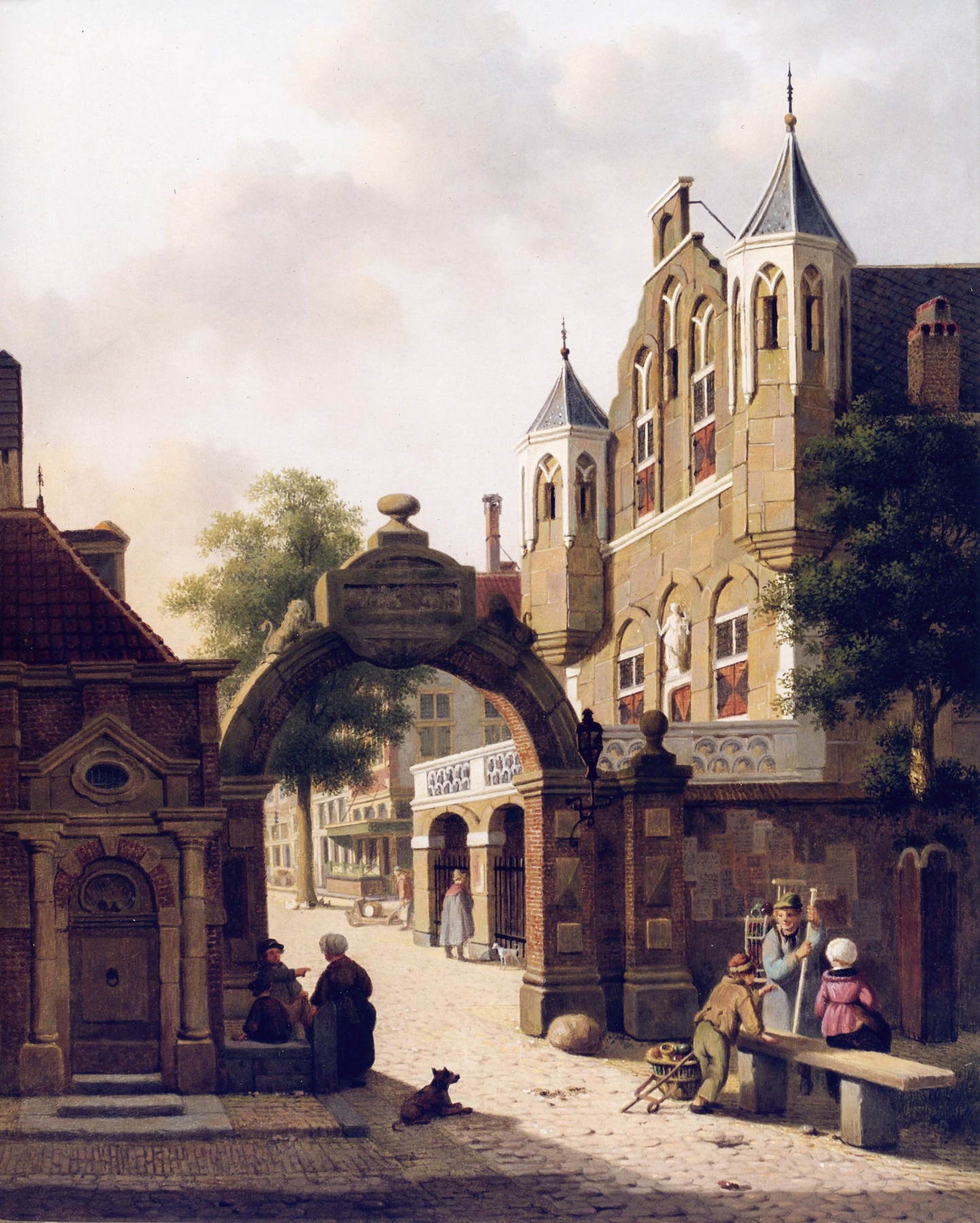 Dutch Street Scene with Figures in the Foreground, oil on canvas by Jan Hendrik Verheijen