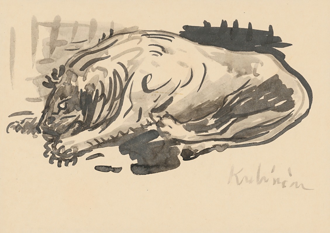 A painting of a dog lying down, showcasing detailed fur and a relaxed posture.