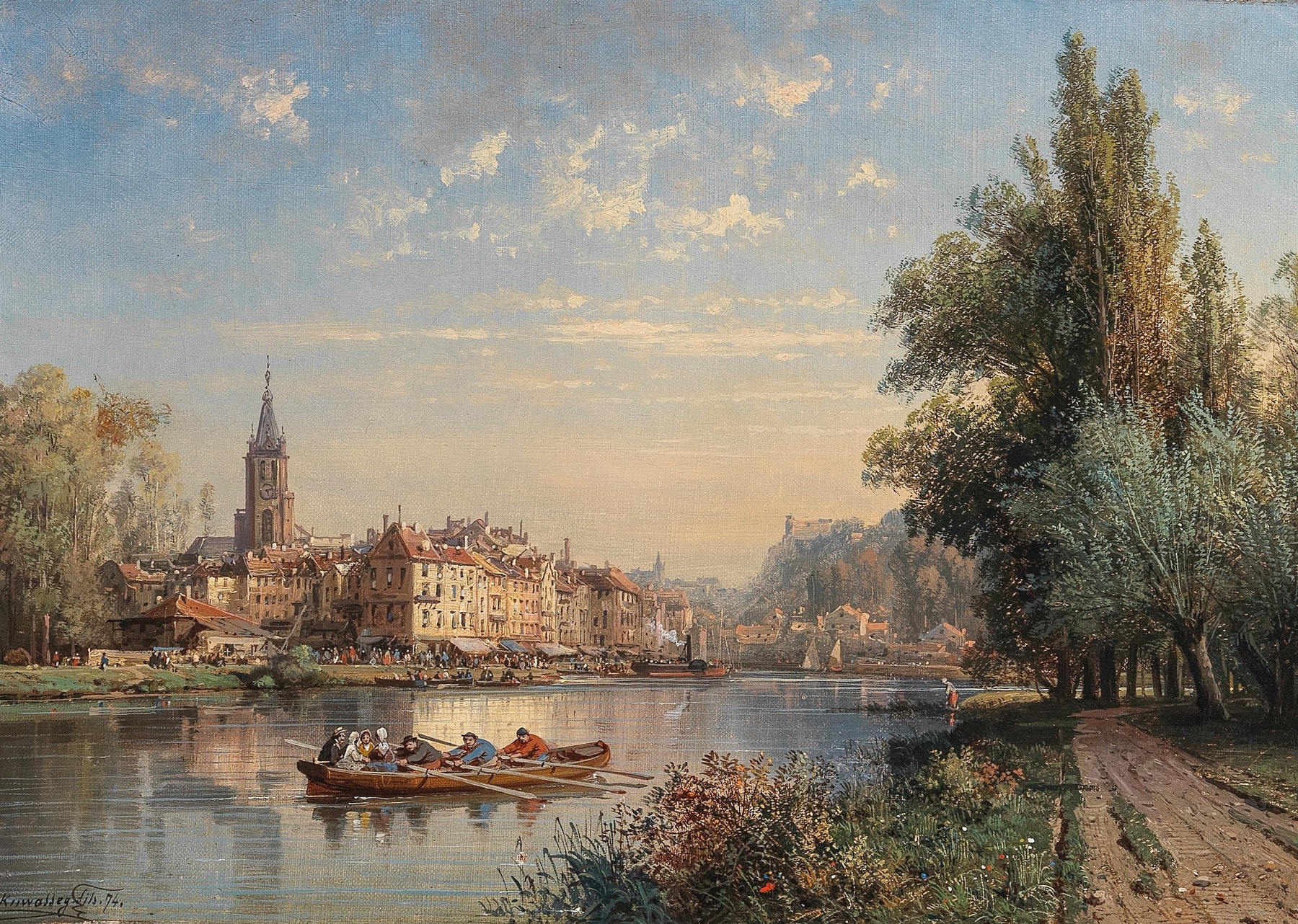 A Village by the River, oil on canvas by Charles Euphrasie Kuwasseg, depicting a riverside village.