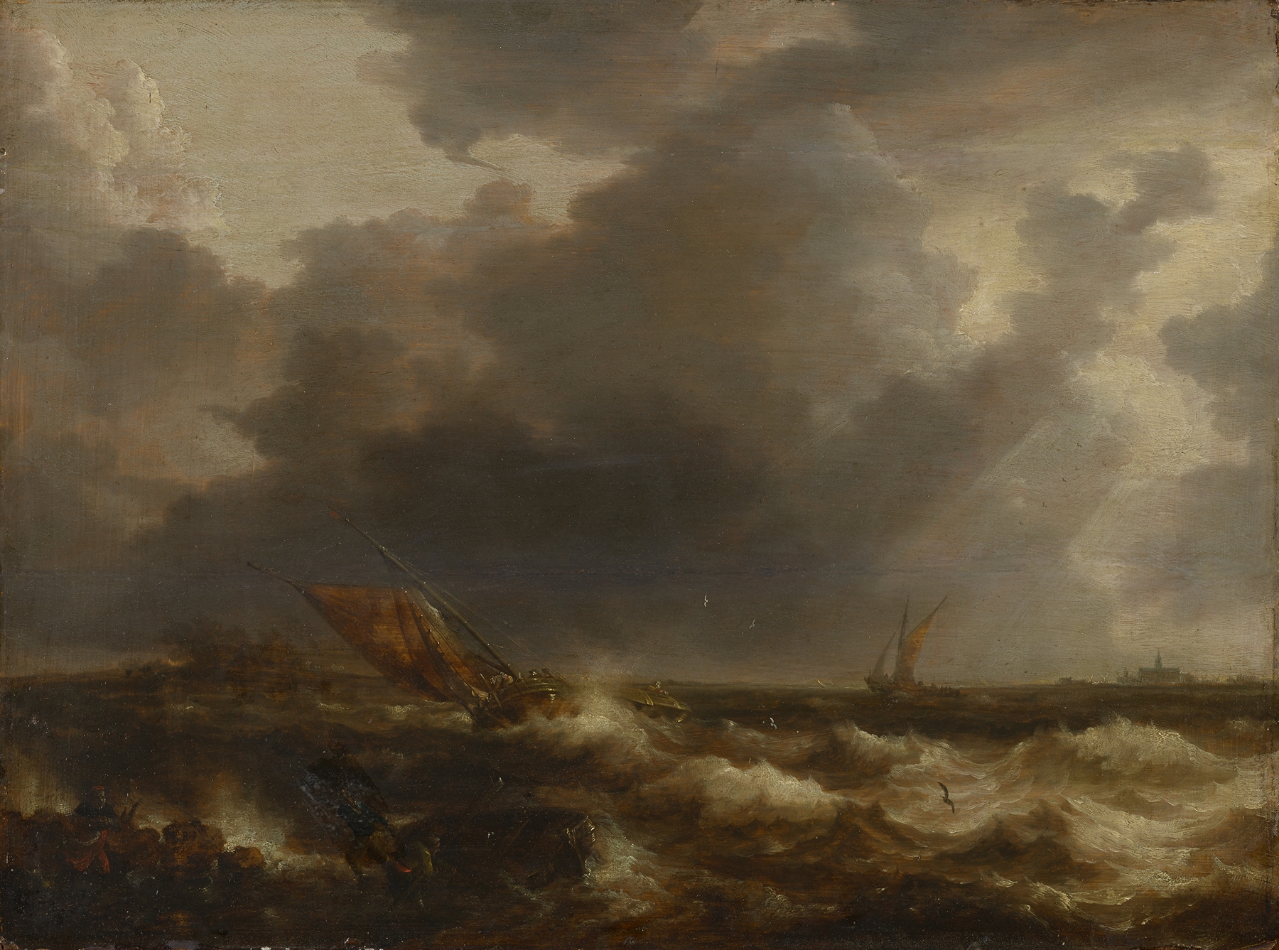 Stormy Sea by Bonaventura Peeters the Elder, oil painting depicting tumultuous waves and dark clouds