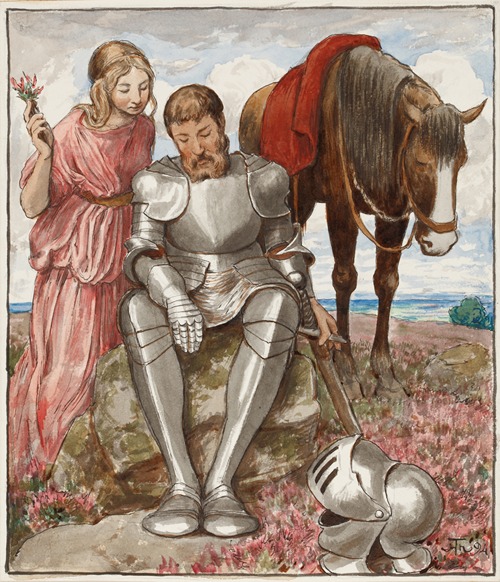 A portrait of a woman and a seated knight by Hans Thoma.