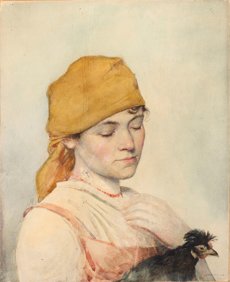 A woman holding a hen in a serene setting.