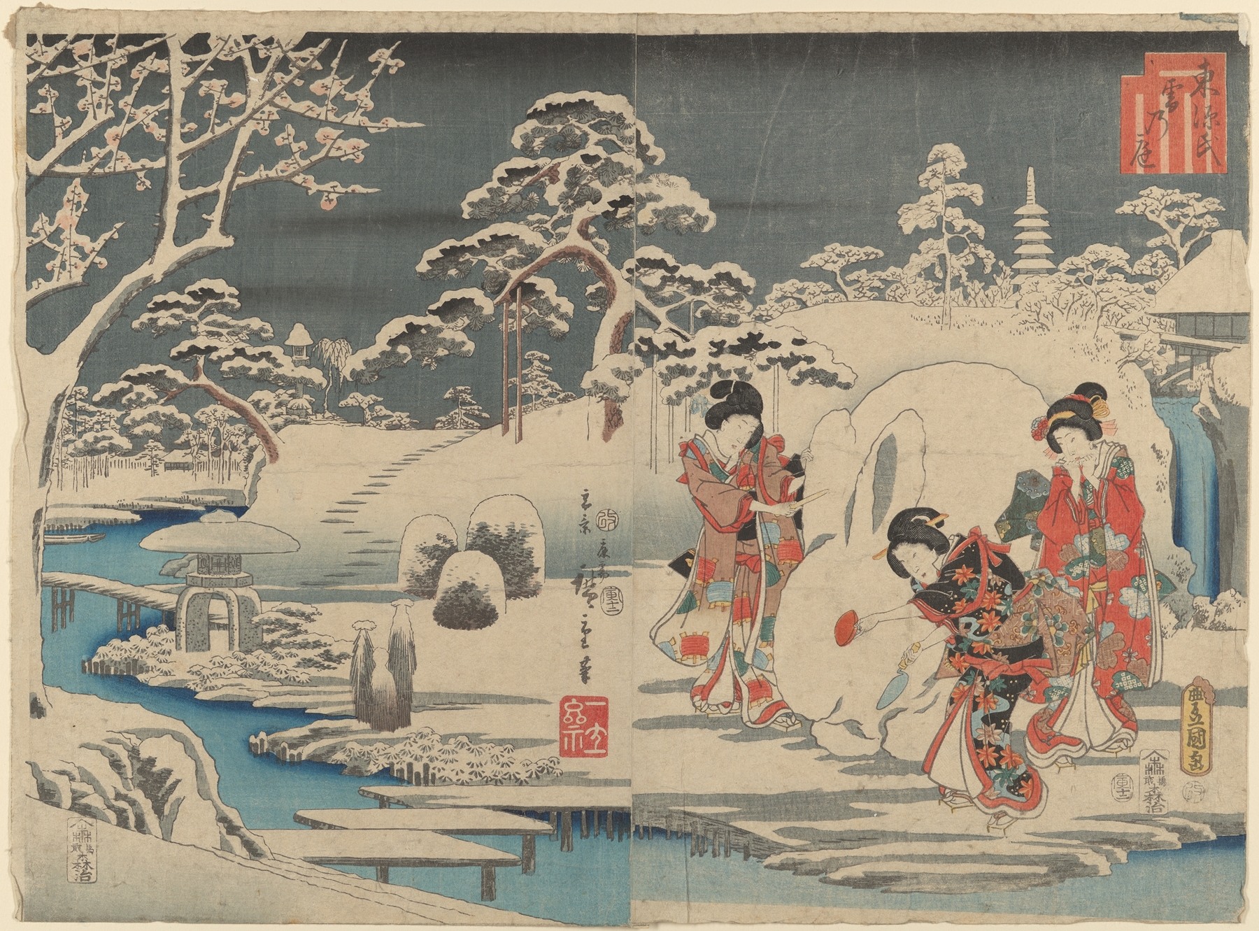 Three Women Making a Snow Rabbit in a Garden, by Utagawa Hiroshige, public domain