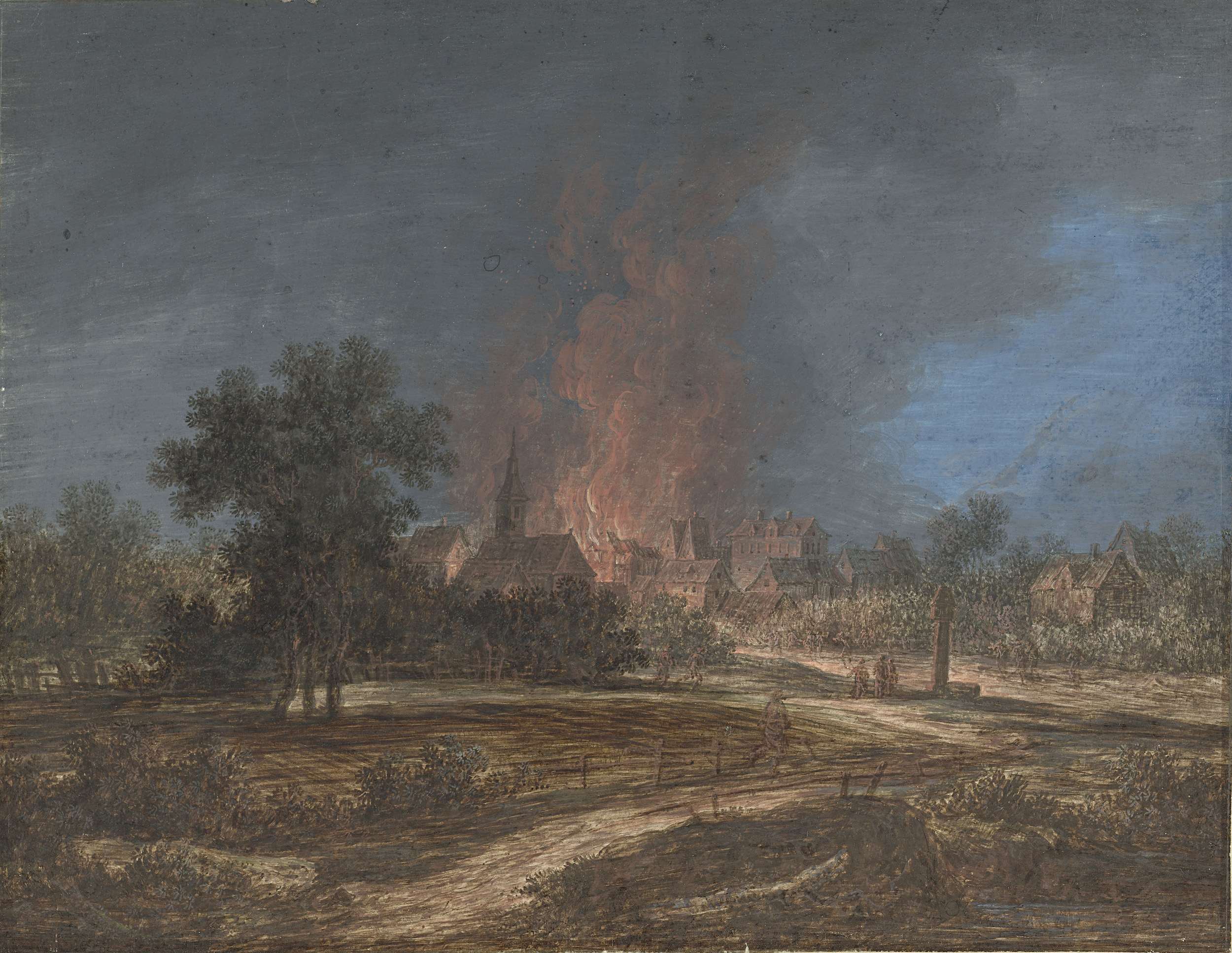 Watercolour by Barbara Regina Dietzsch depicting the aftermath of a village fire