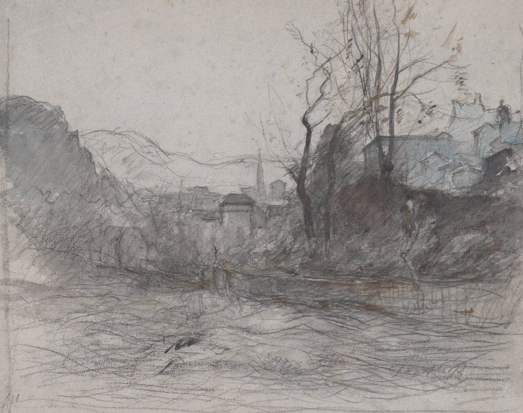 Approaching Morestal by François-Auguste Ravier, oil on canvas depicting a tranquil river landscape