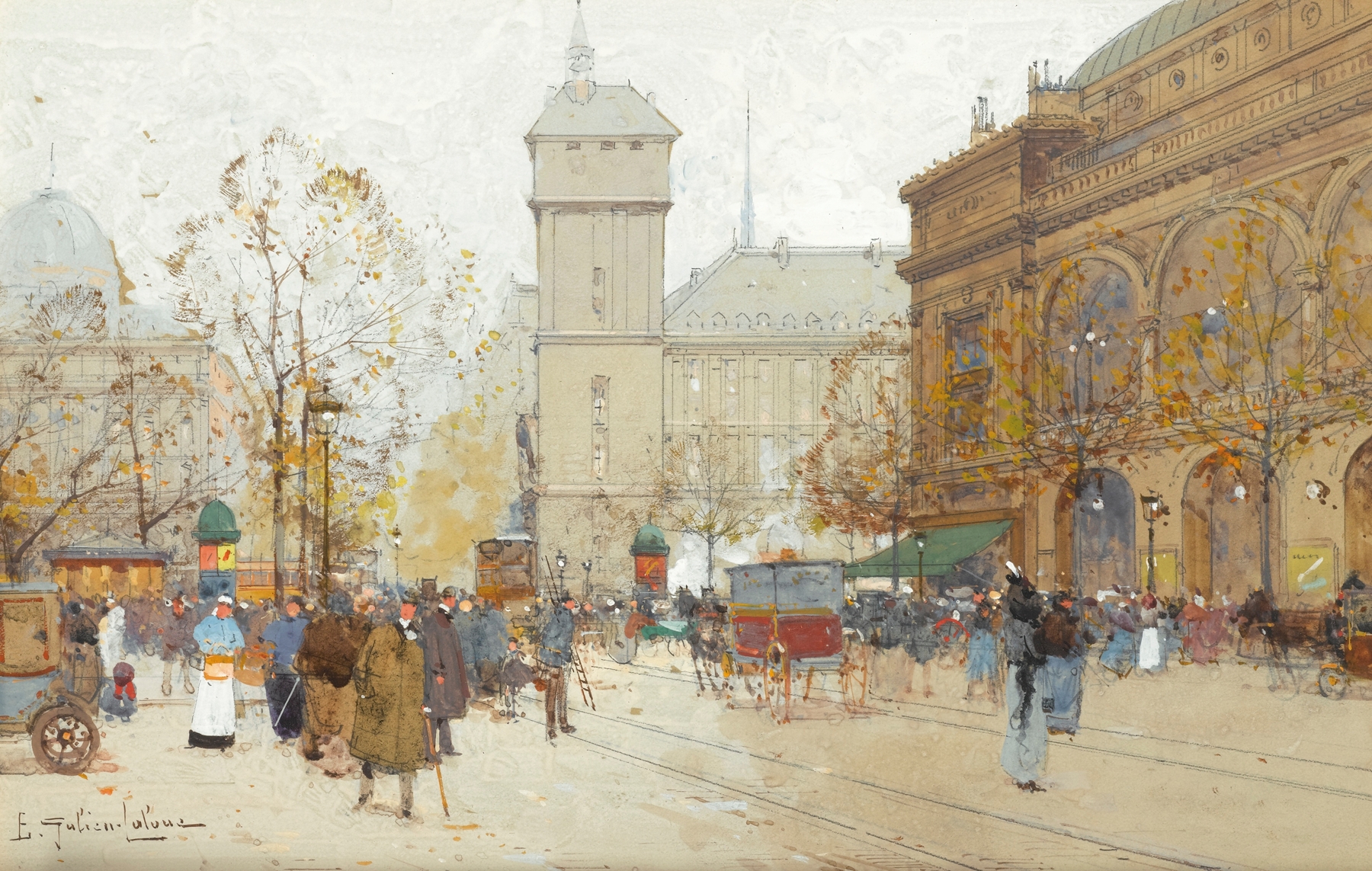 La Place Du Chatelet by Eugène Galien-Laloue, oil on canvas depicting a bustling city scene.