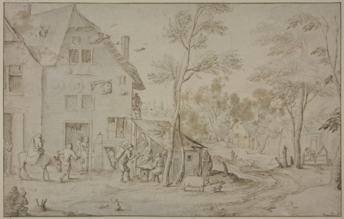 This painting depicts the Holy Family fleeing to Egypt amidst a serene village landscape.