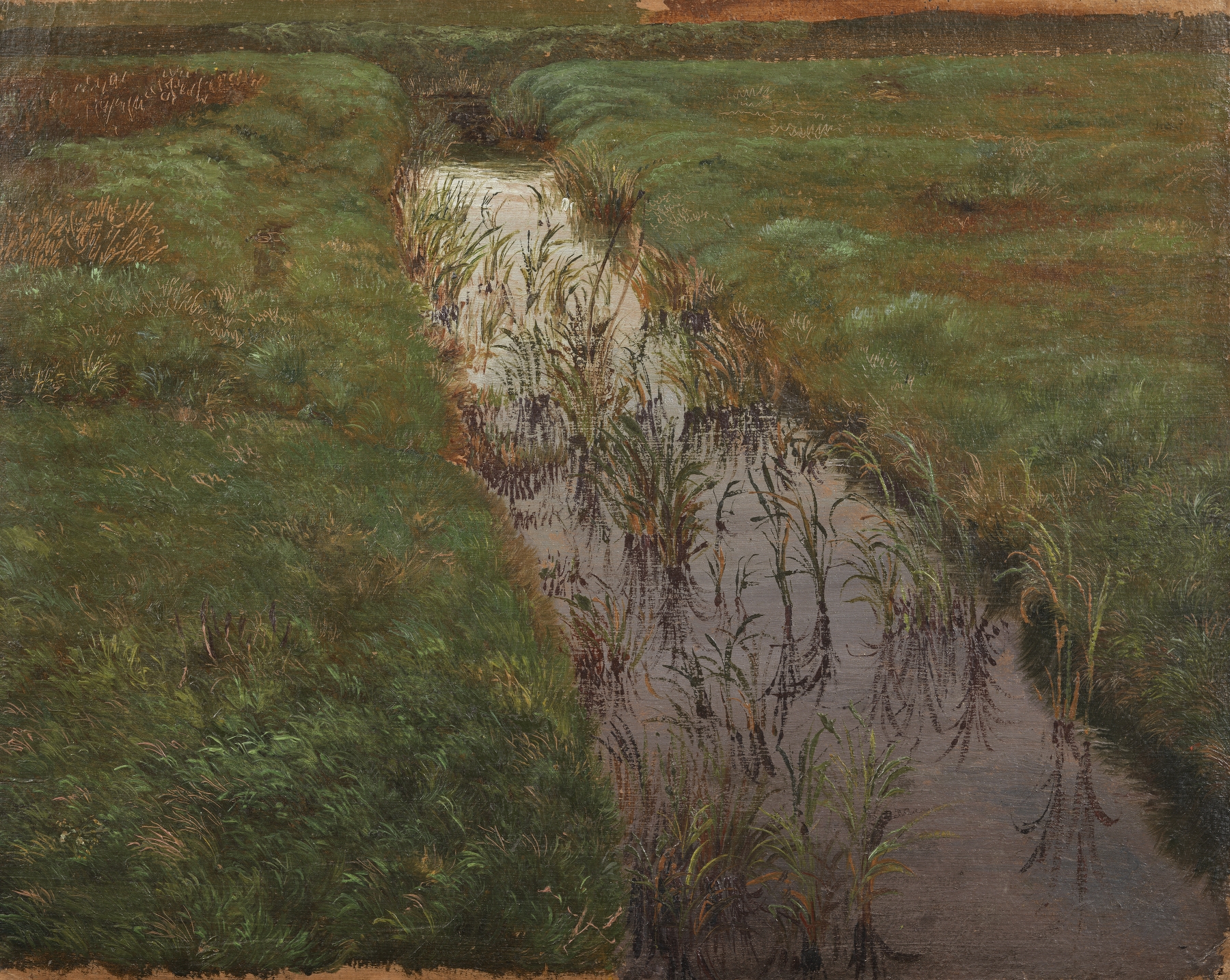 Landscape depicting a ditch with soft light, by Lorenz Frølich, oil painting