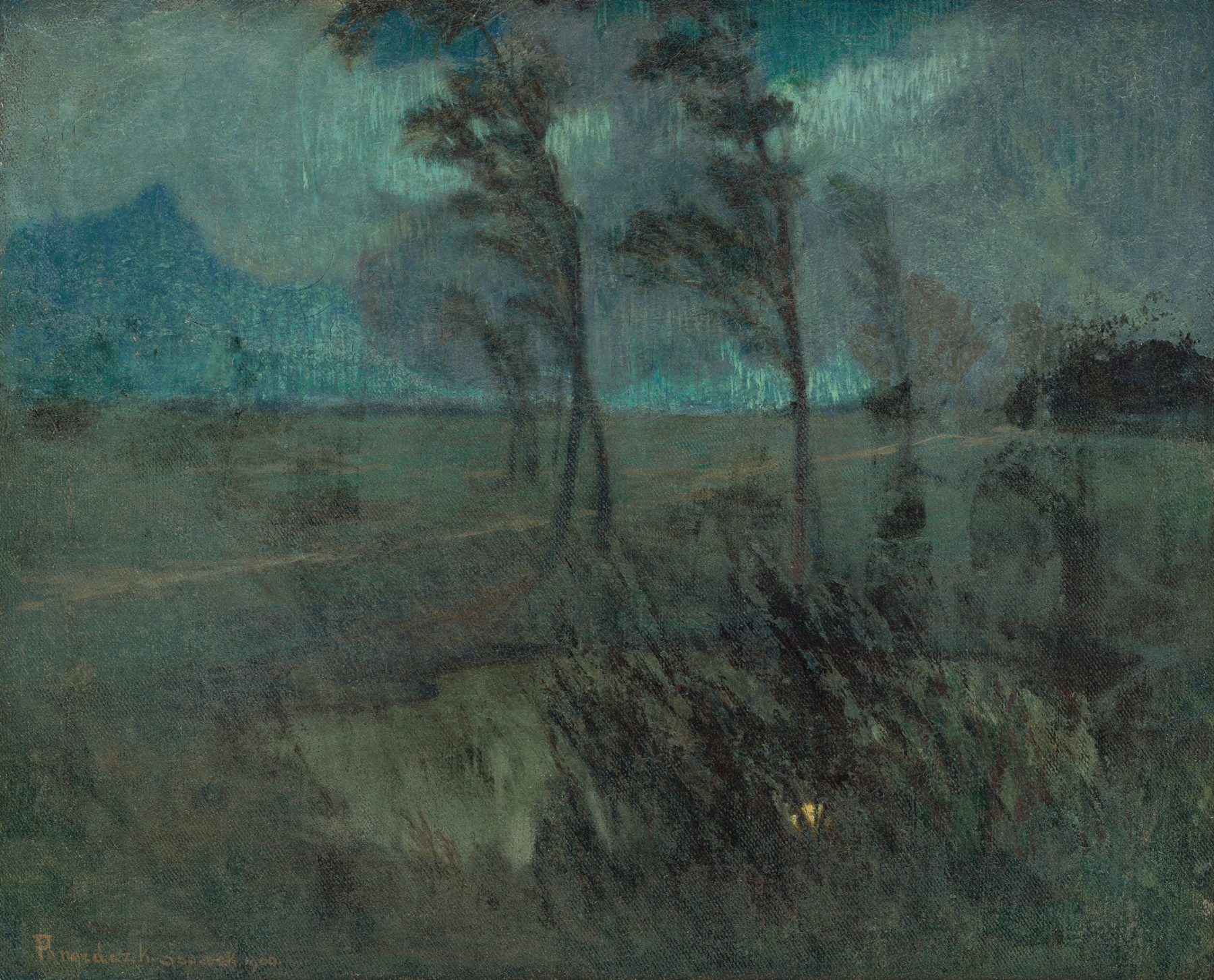 Landscape in a Windstorm, oil on canvas by Karol Pongrácz, depicting a stormy sky over vibrant land.