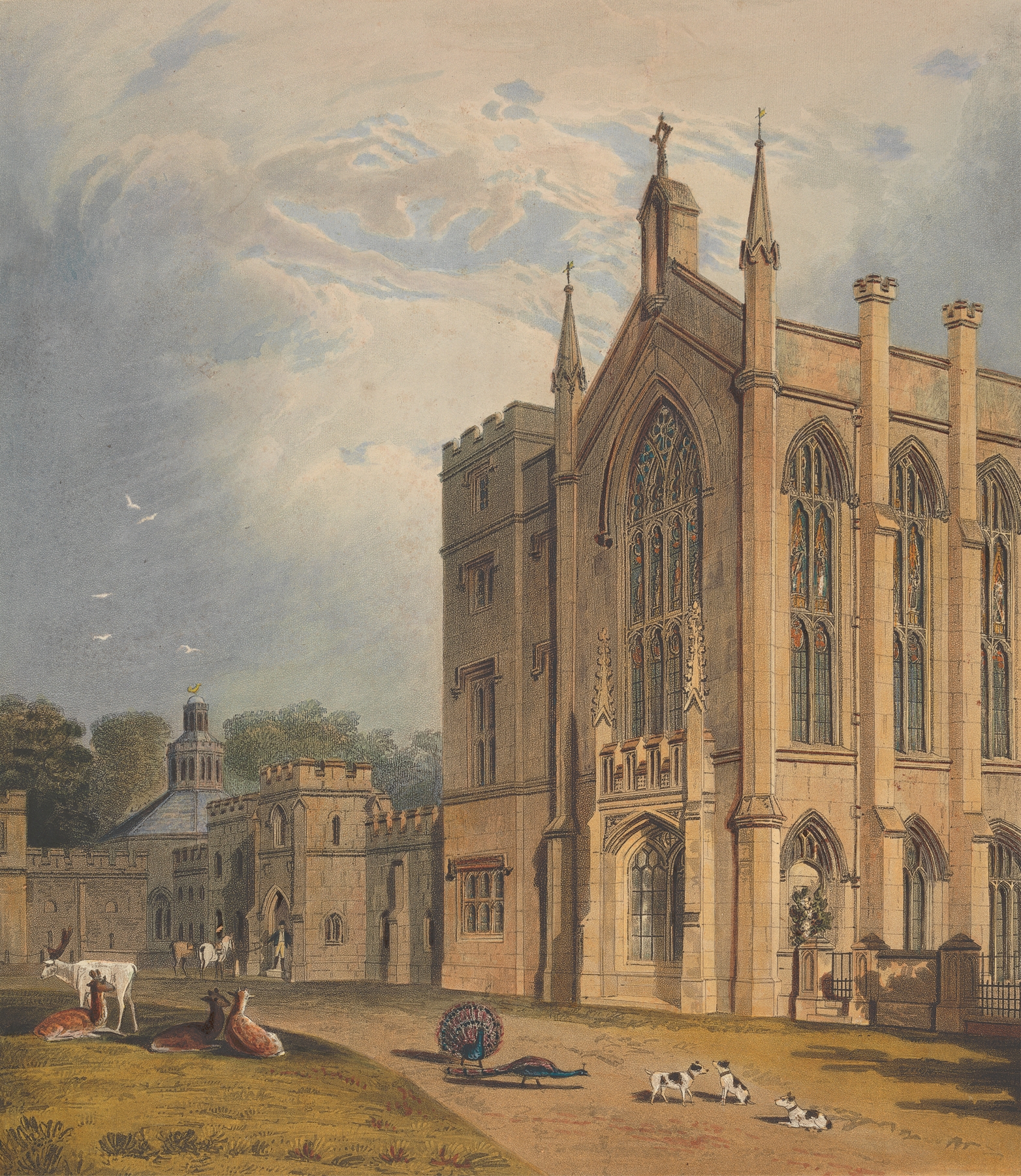 West Front, Cassiobury by John Hill, oil on canvas depicting architecture at twilight