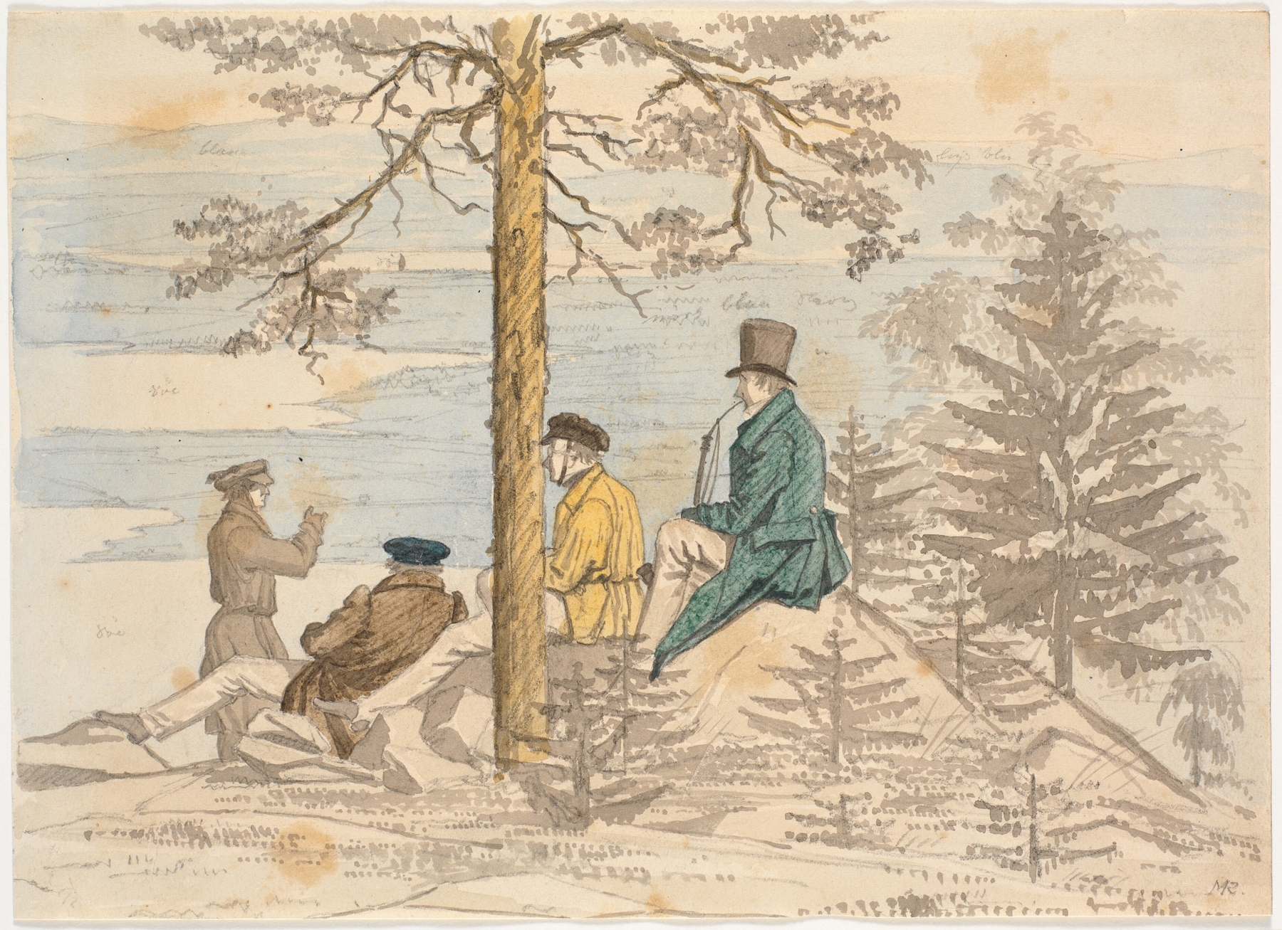 Fire mænd betragter udsigten fra Holmekollen, by Martinus Rørbye, public domain
