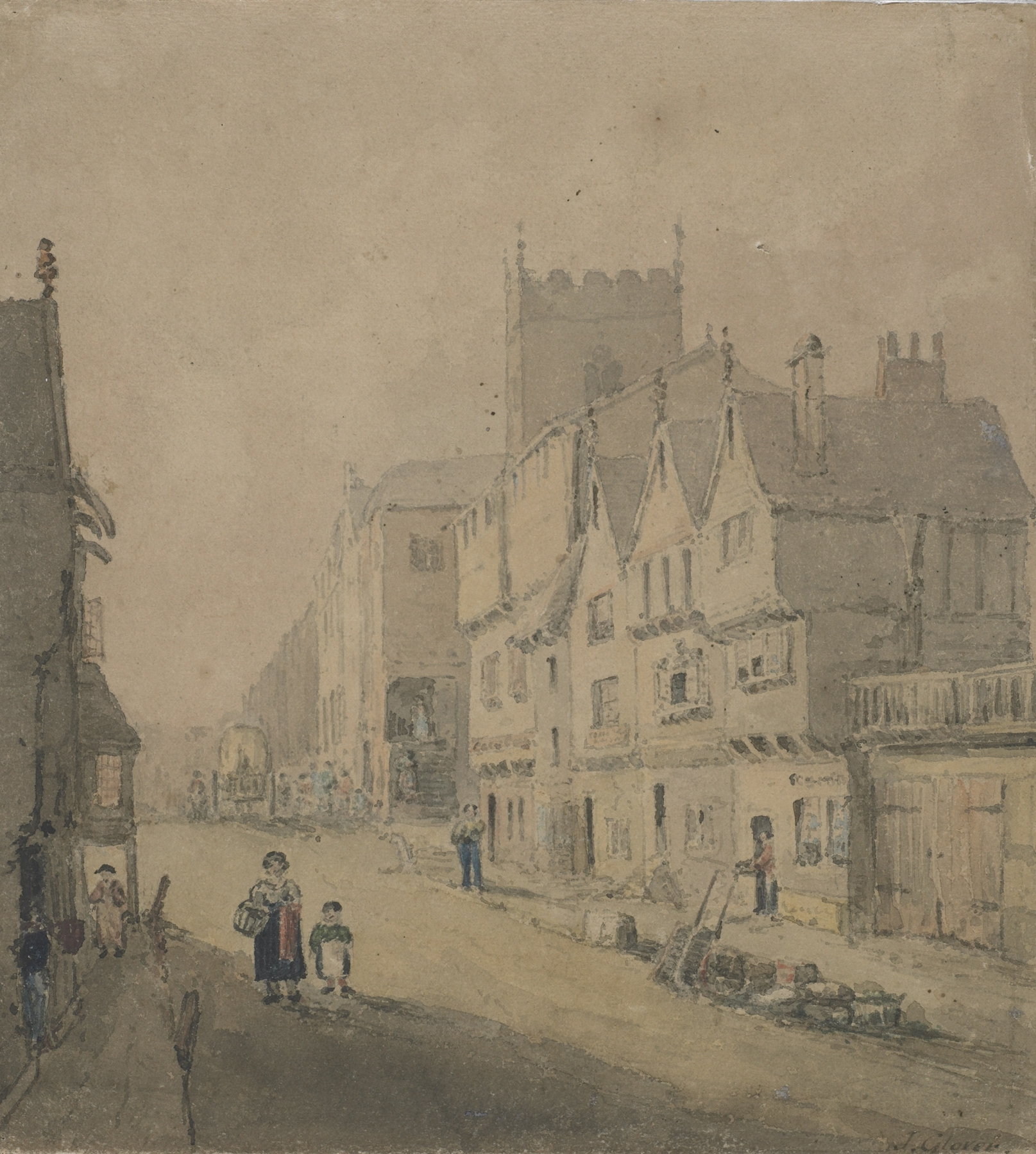 Street scene by John Glover, depicting wildflowers and a cobblestone path.