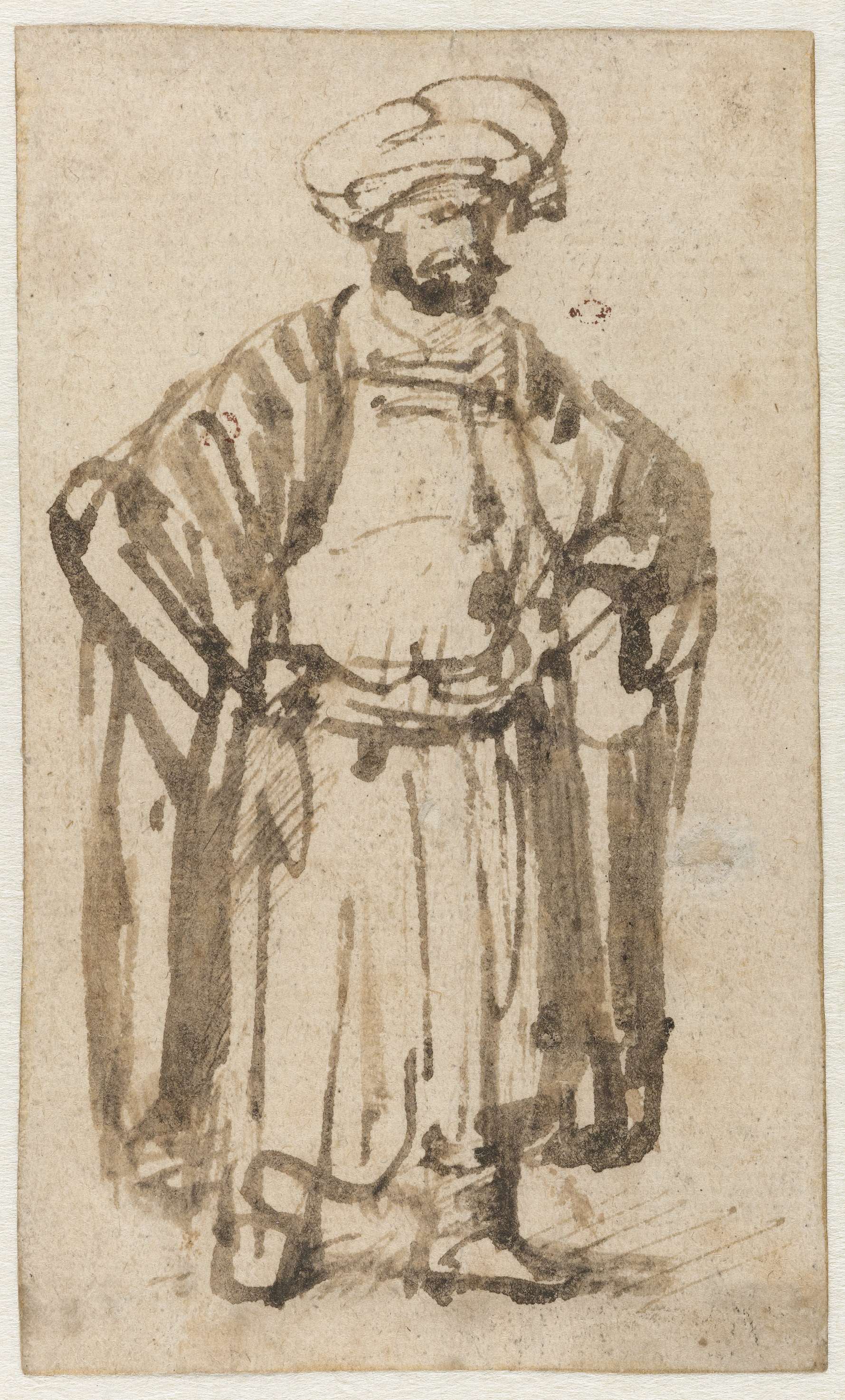 Standing man with arms akimbo, paper by Willem Drost