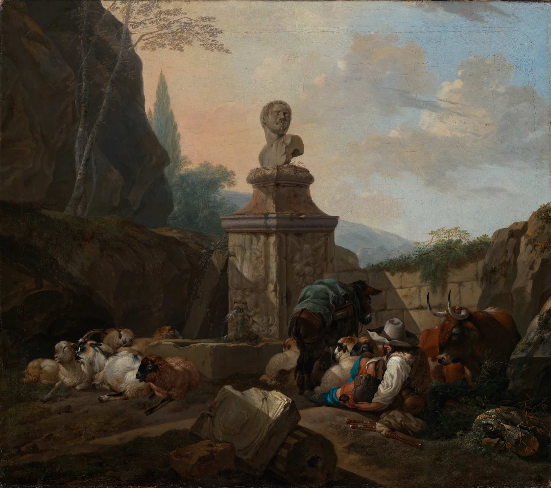 Genre scene oil painting by Johann Heinrich Roos depicting a shepherd by a Roman fountain.