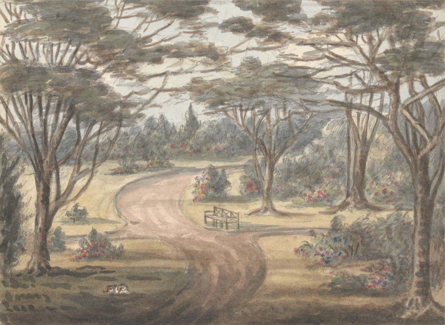 Watercolour by Anne Rushout depicting a woman in a flower garden at dawn.