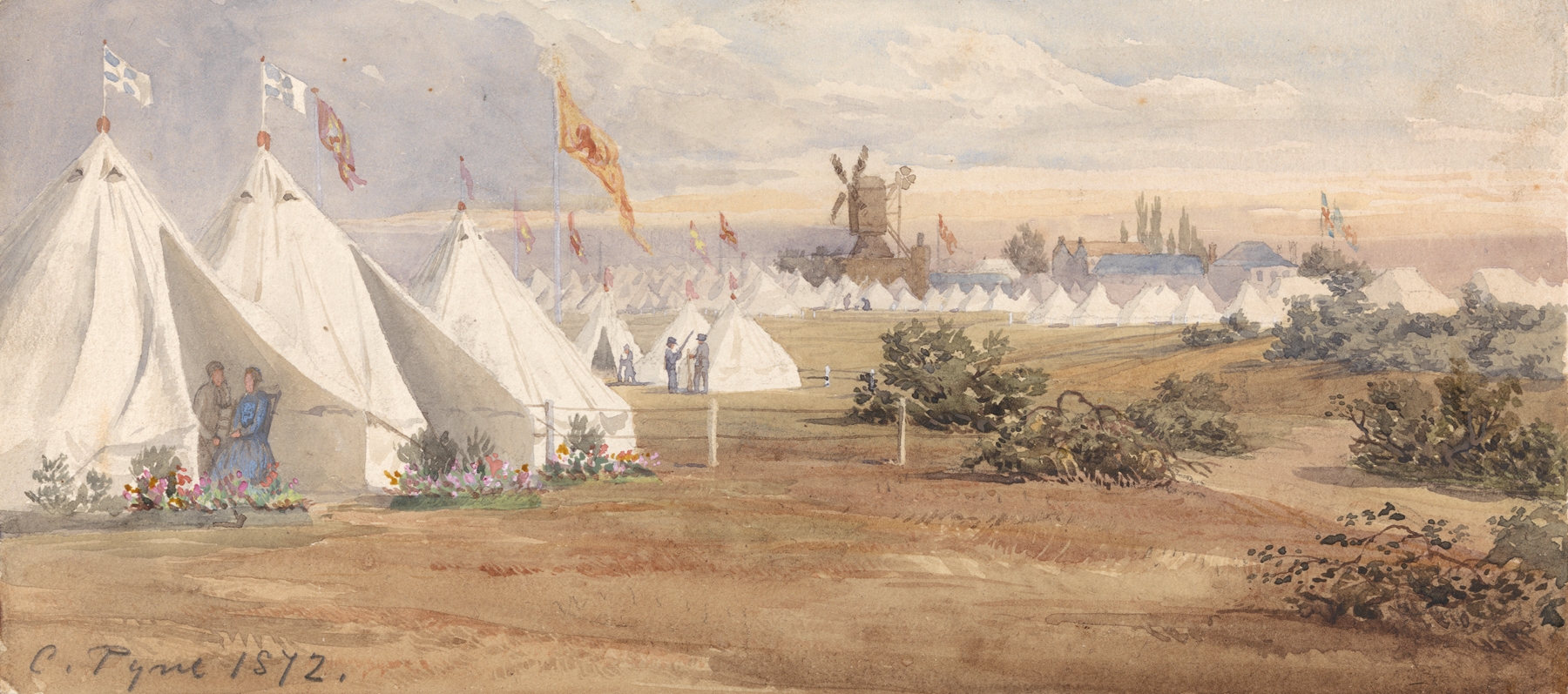 The London Scottish Volunteer Regiment at Wimbledon Common Rifle Ranges with the Soldiers under canvas, by Charles Claude Pyne, public domain