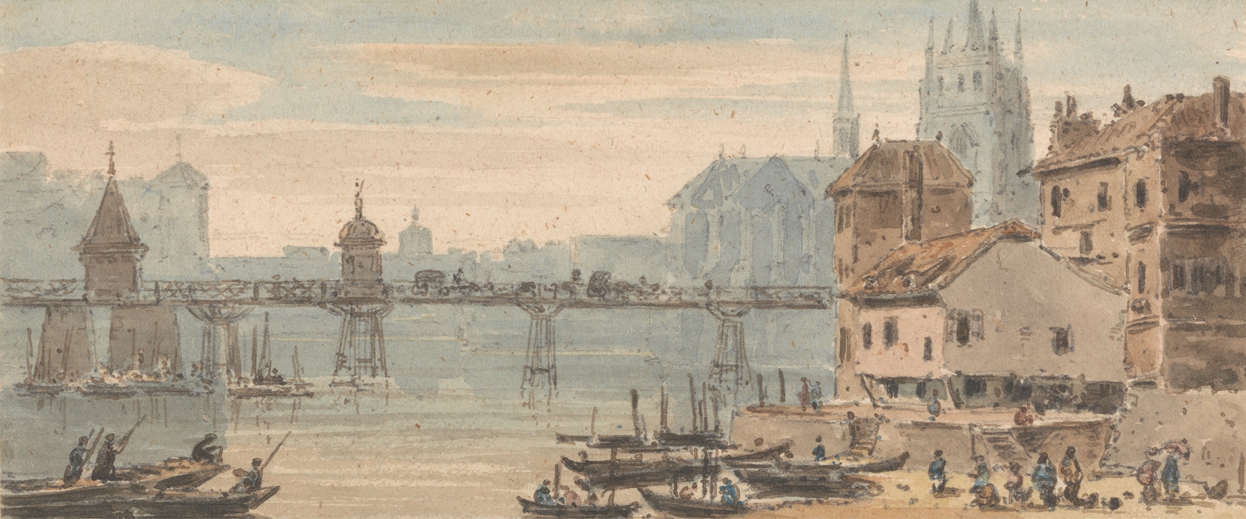 Basel quayside with figures and shipping, oil on canvas by John Henderson