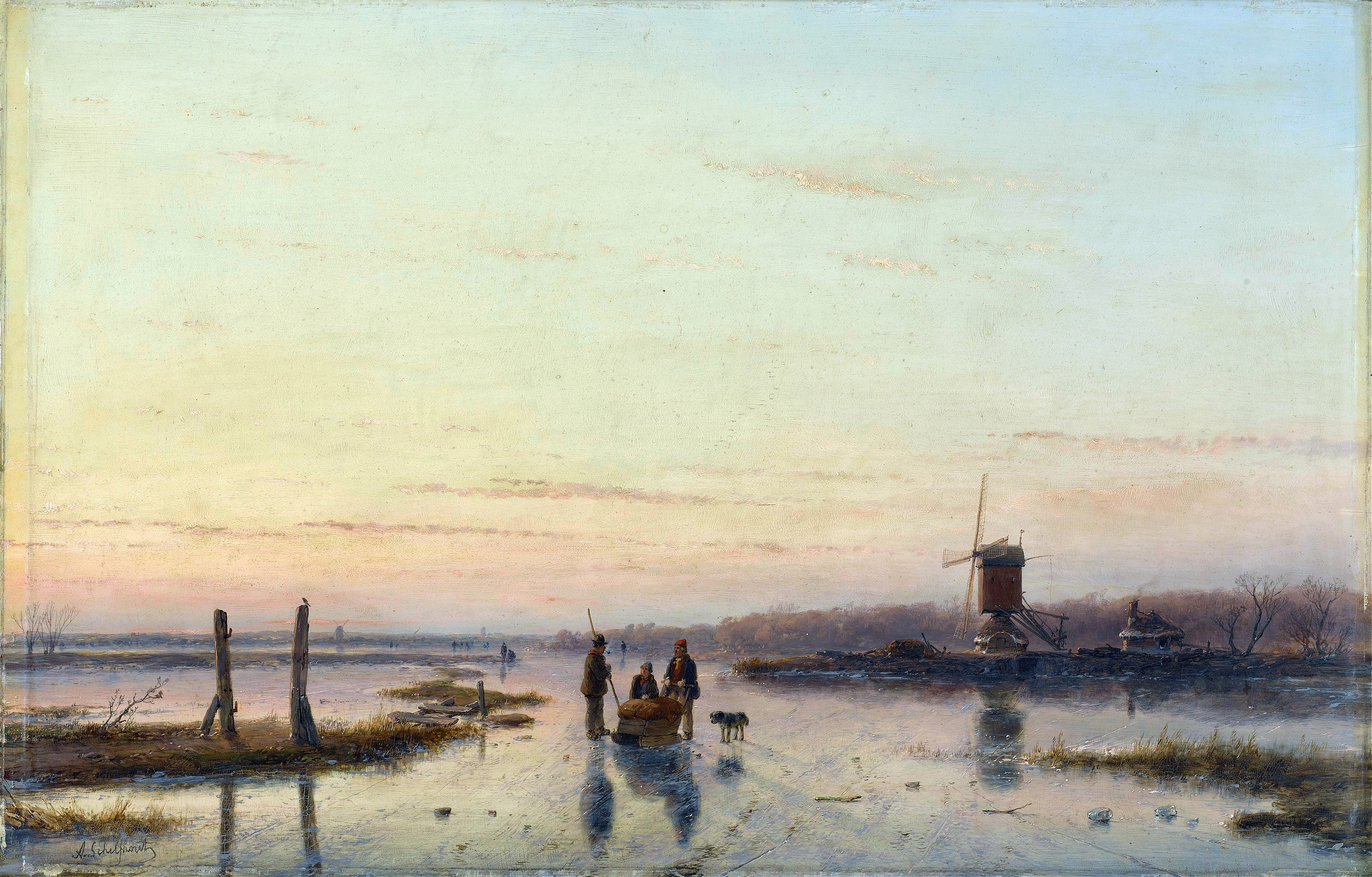 Windmill beside a frozen river, by Andreas Schelfhout, public domain