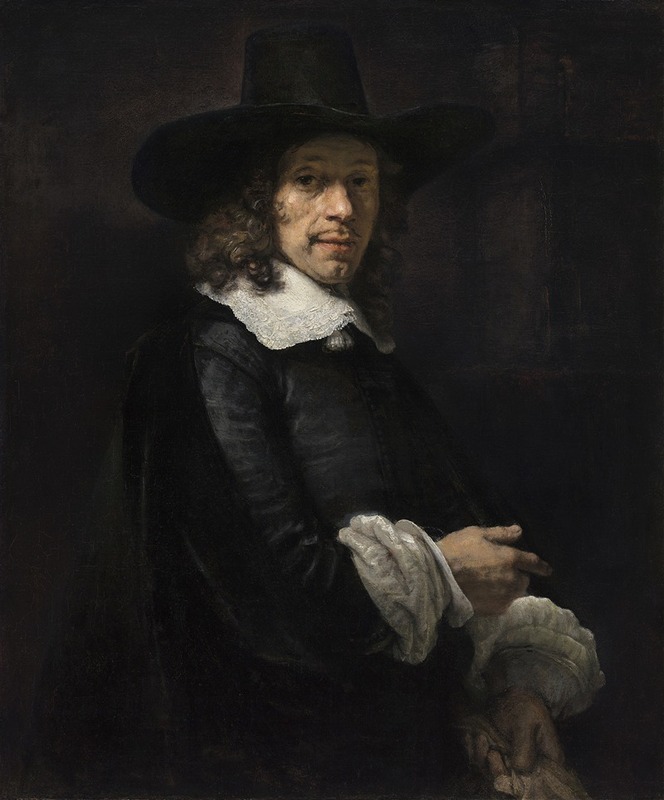 A gentleman in a tall hat and gloves, painted by Rembrandt.