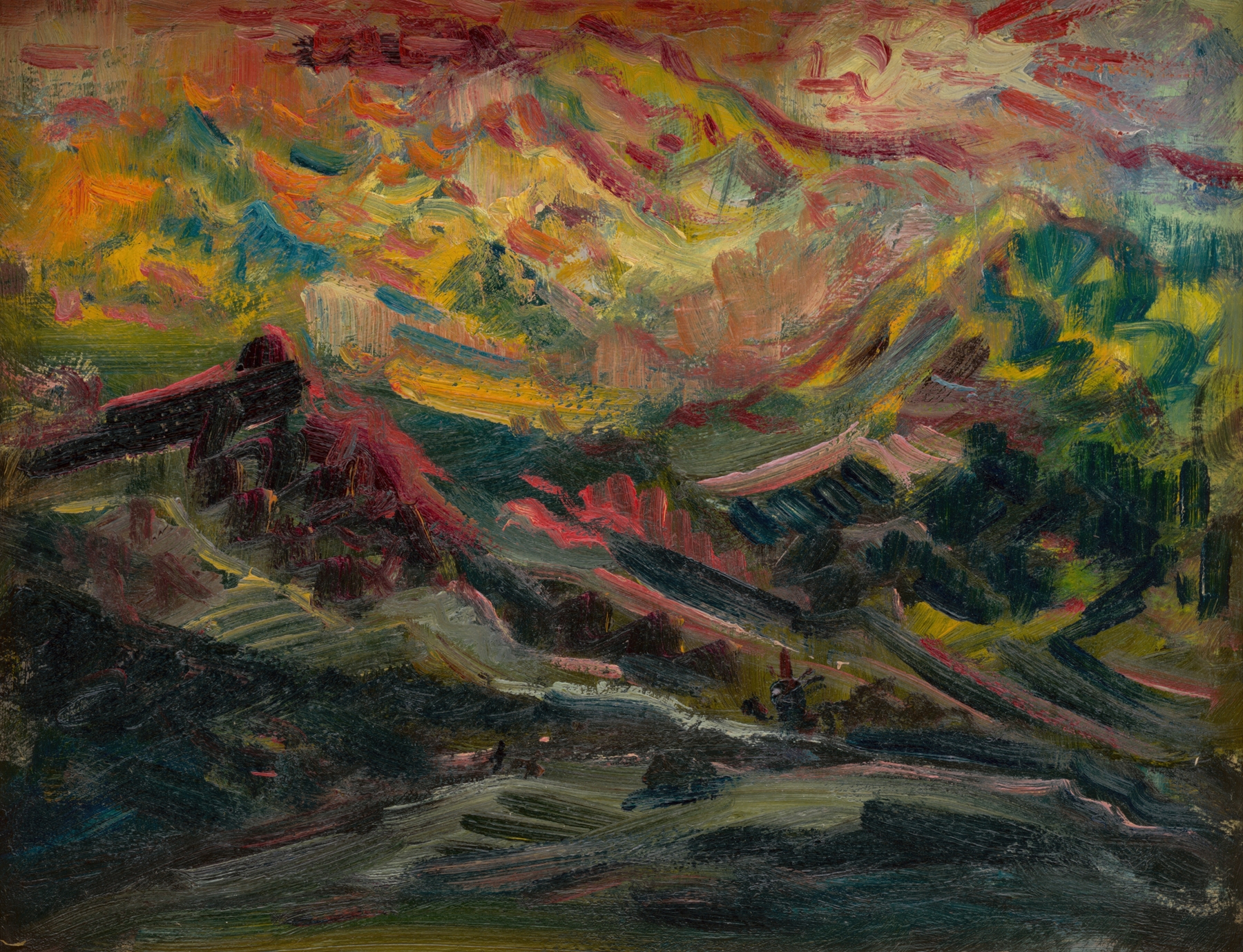 Sunset in the Mountains by Arnold Peter Weisz-Kubínčan, oil painting depicting a vibrant sunset over mountains.