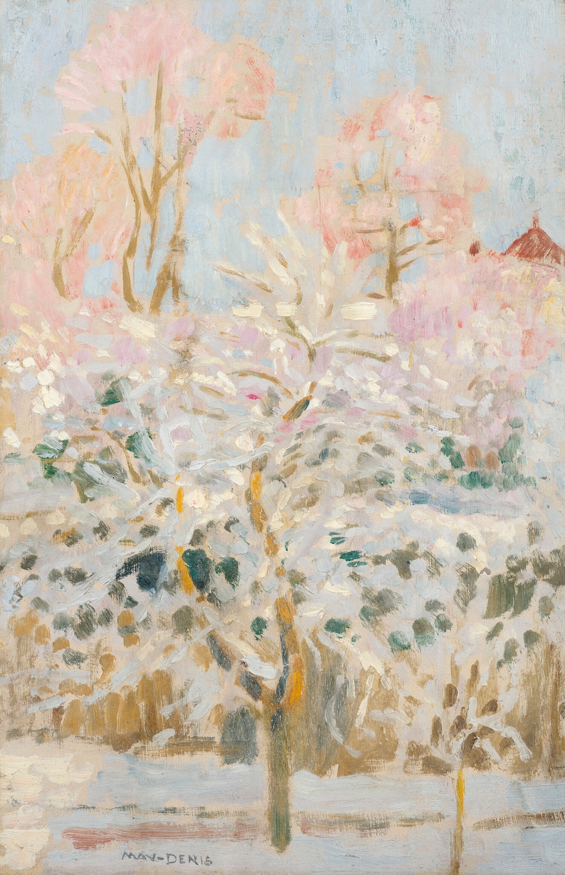 Jardin sous la neige, oil painting by Maurice Denis, depicting a tranquil garden covered in snow.