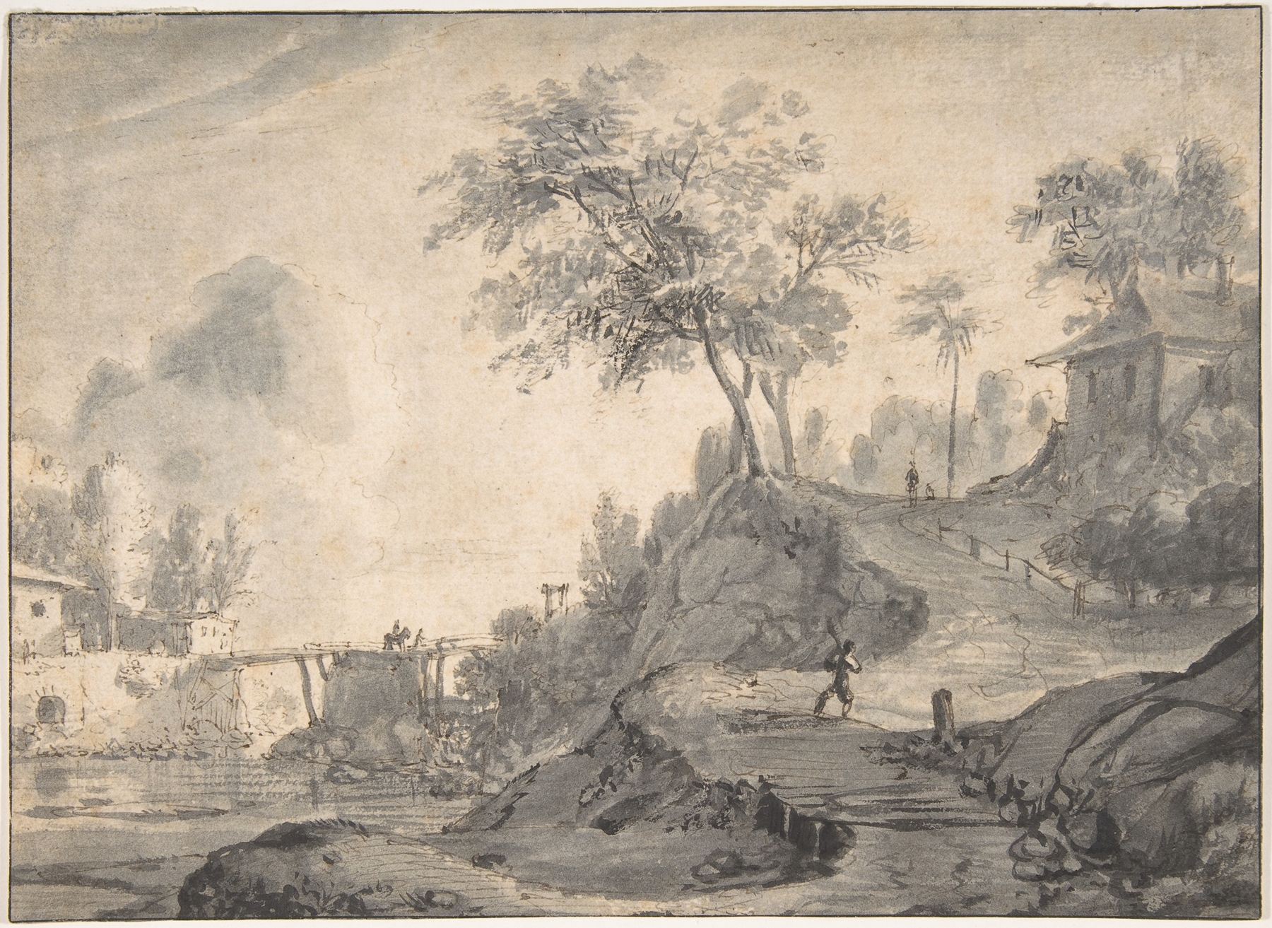 Landscape by Roelant Roghman, oil on canvas depicting a vast landscape with mountains and a somber sky.