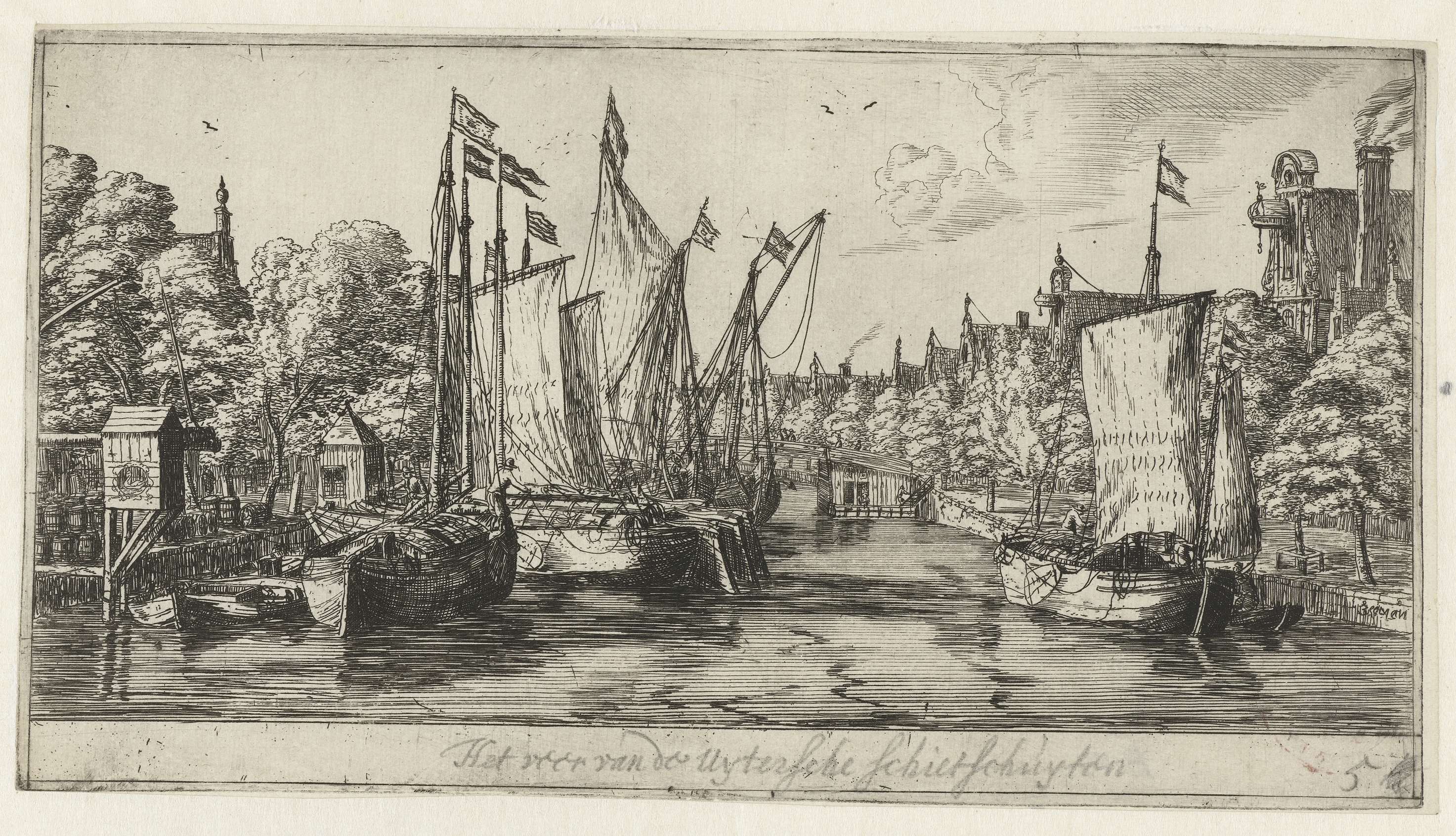 Etching by Reinier Nooms depicting boats at sunset over water