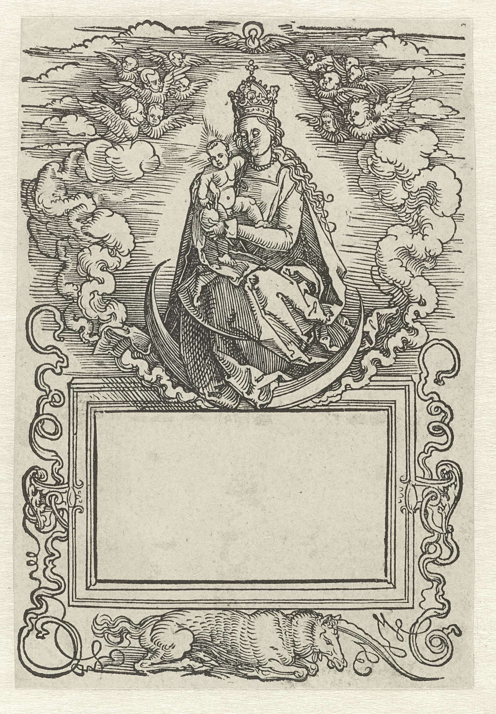 Religious etching of Mary with child on a crescent moon by Hans Springinklee