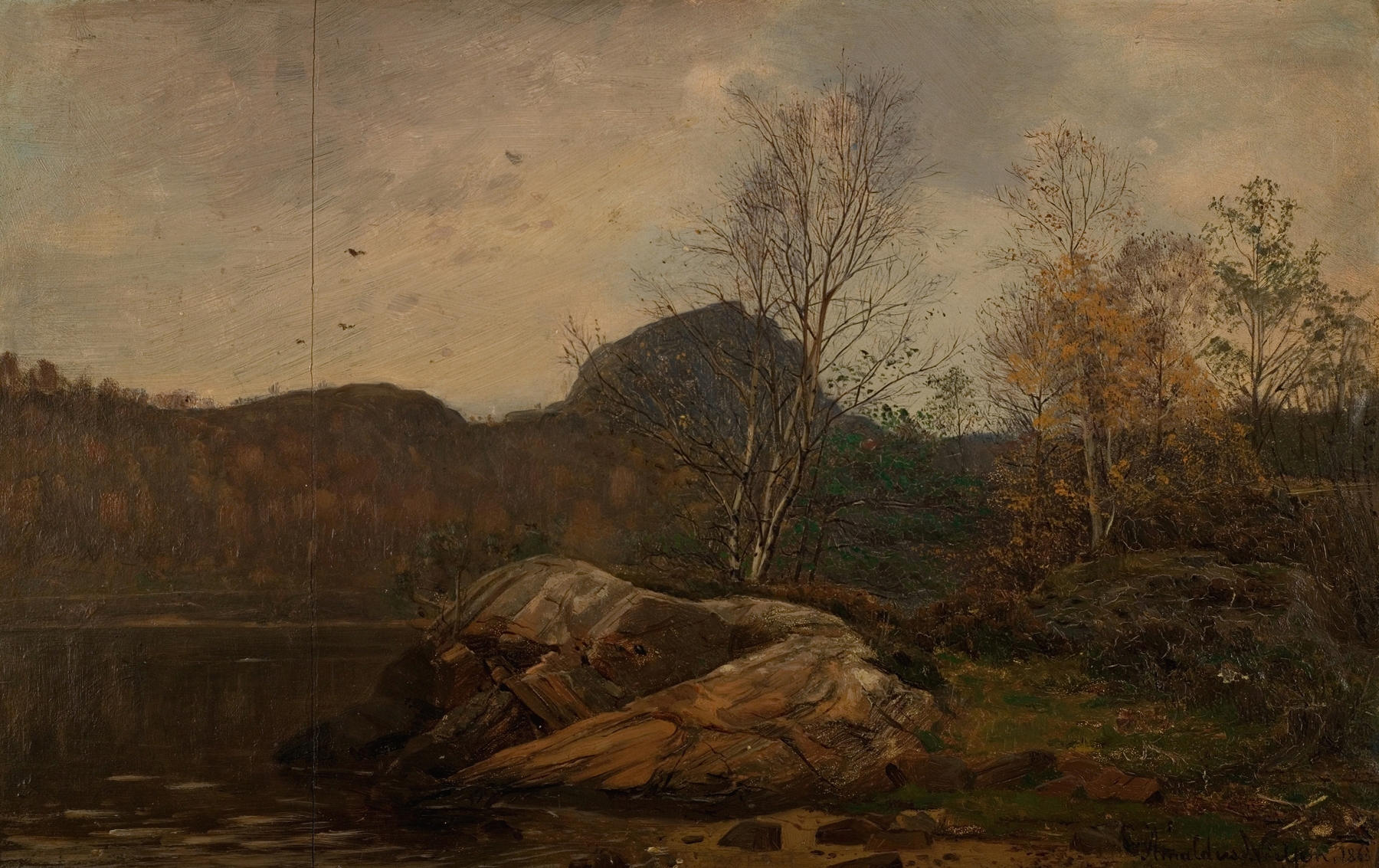 Høst. skogsfjord, Mandal, by Amaldus Nielsen, public domain