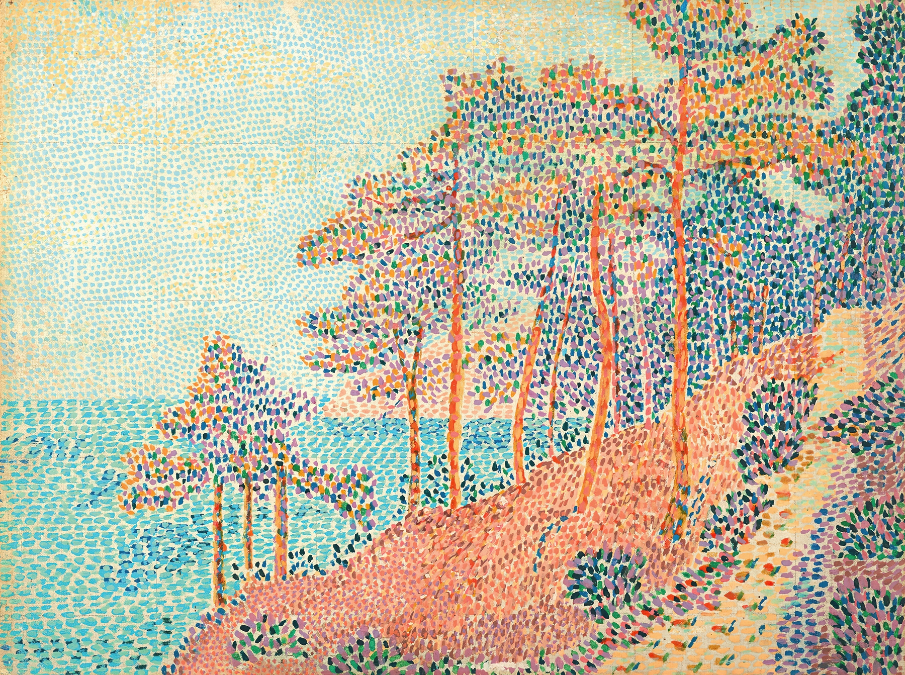Landscape oil painting by Henri Person featuring a path leading to the sea