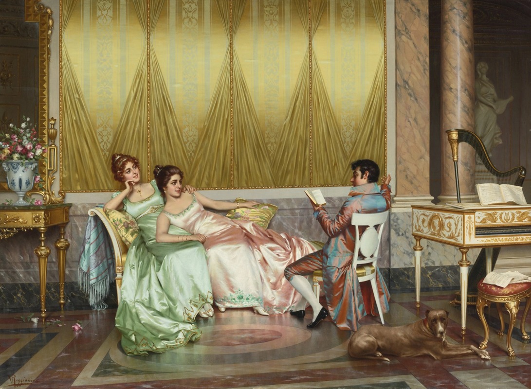 A detailed depiction of a poetry reading in a lavish interior.