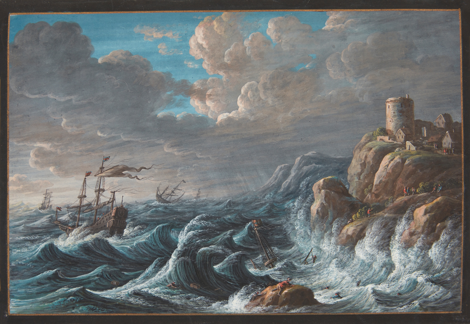 Marine scene with ships in stormy waters by Margaretha Barbara Dietzsch, oil painting