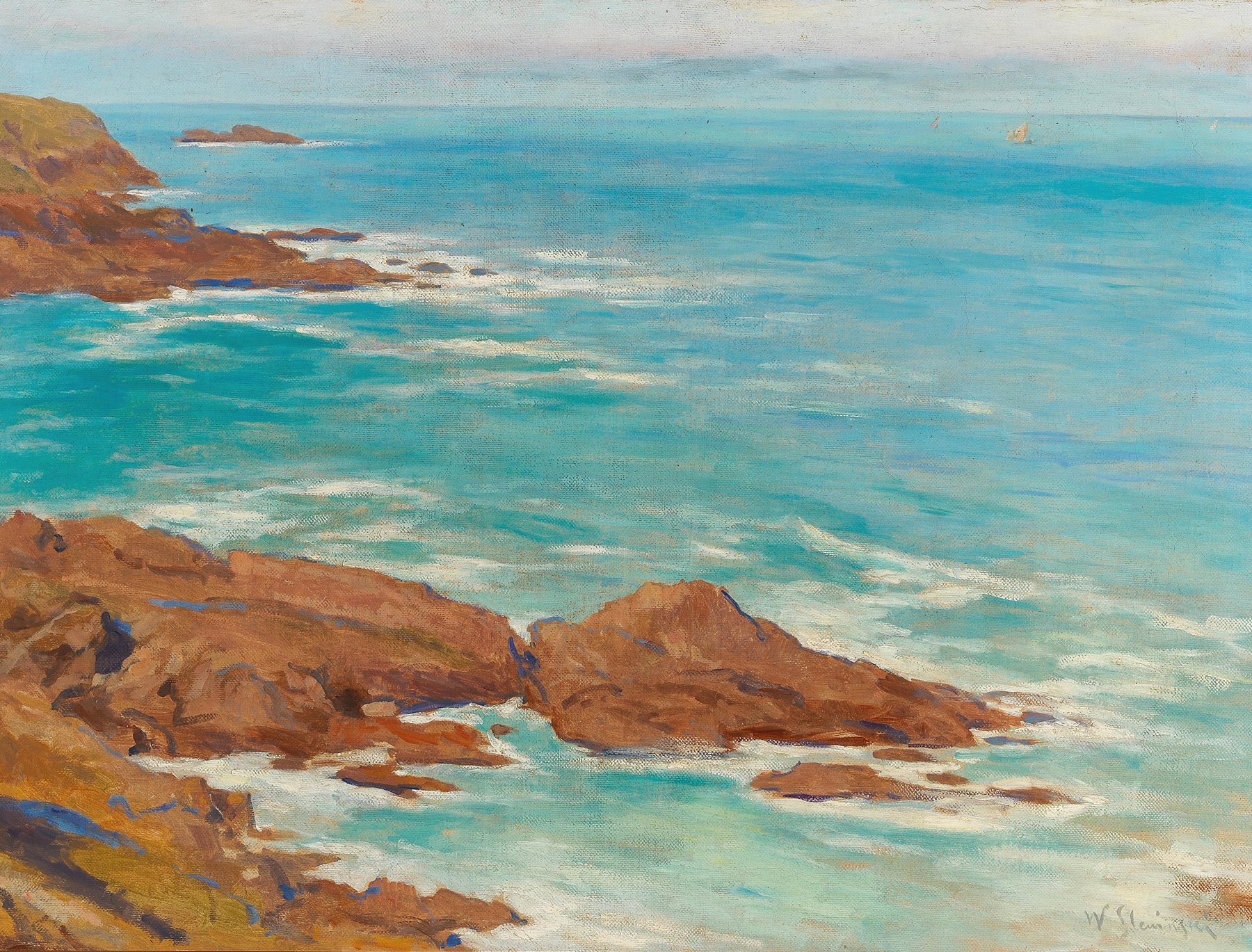 Coastal landscape oil painting by Władysław Ślewiński depicting waves and sandy shore.