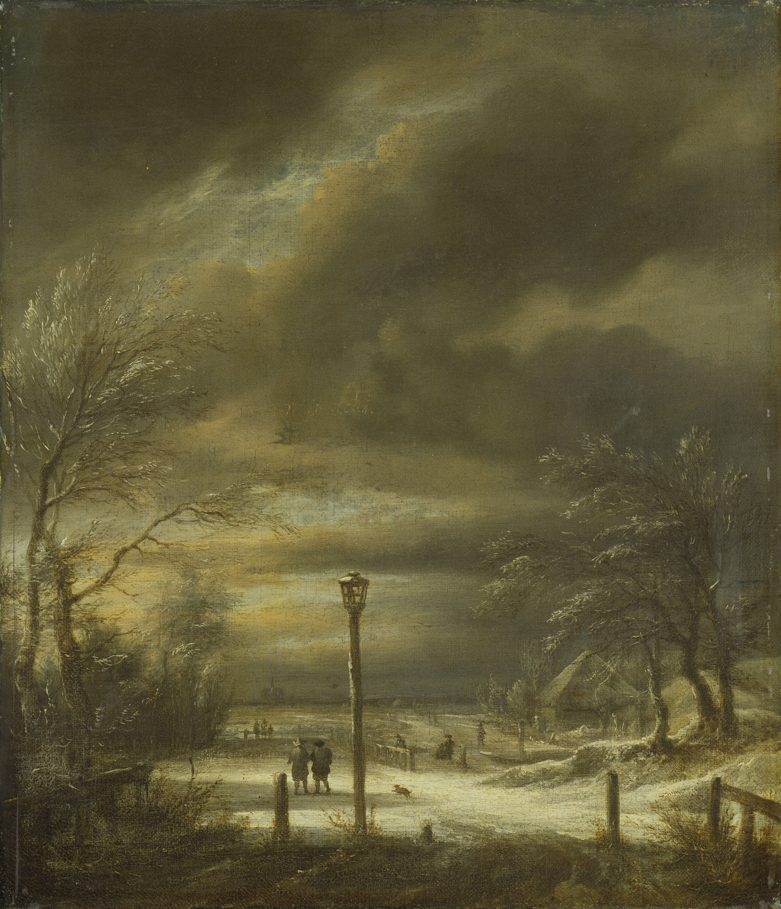 Winter landscape with a lamppost, oil on canvas by Jacob van Ruisdael