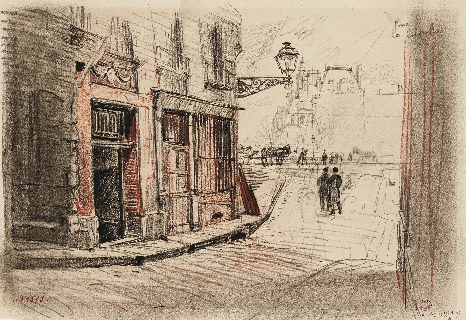 Figurative scene with a solitary figure on a cobblestone street by Charles Jouas