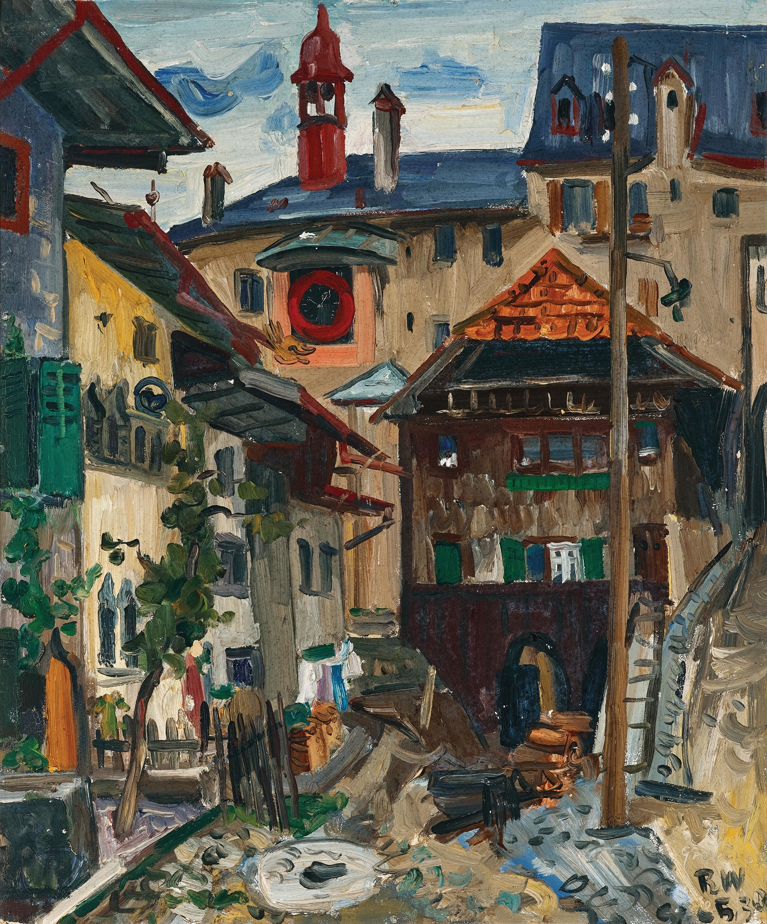 Landscape of Gruyères by Rudolf Wacker, oil on canvas, featuring swirling clouds and rugged terrain.