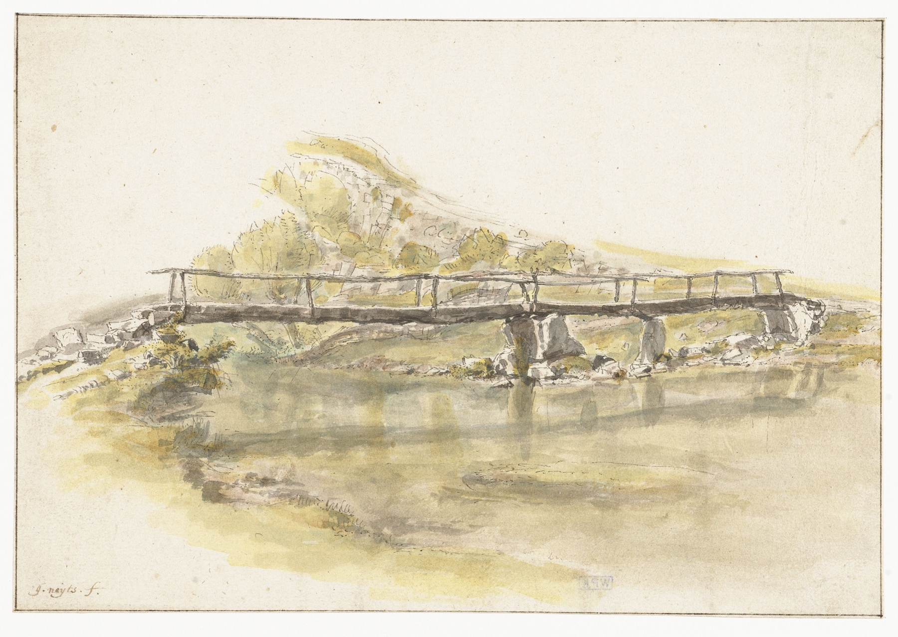 Landscape with a wooden bridge, trees, and water by Gillis Neyts, oil painting