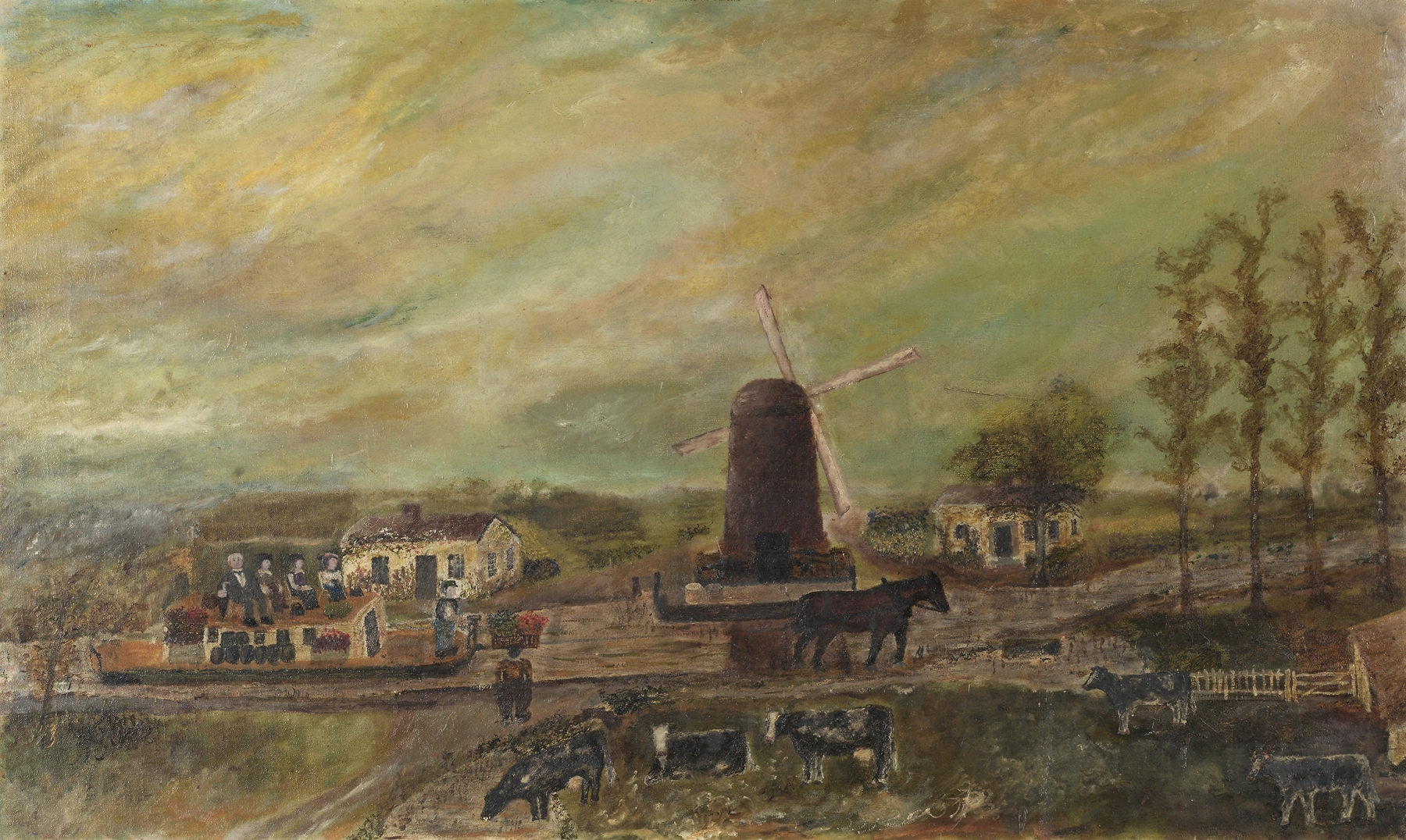 Oil painting by Frank E. Case featuring a windmill against the sky