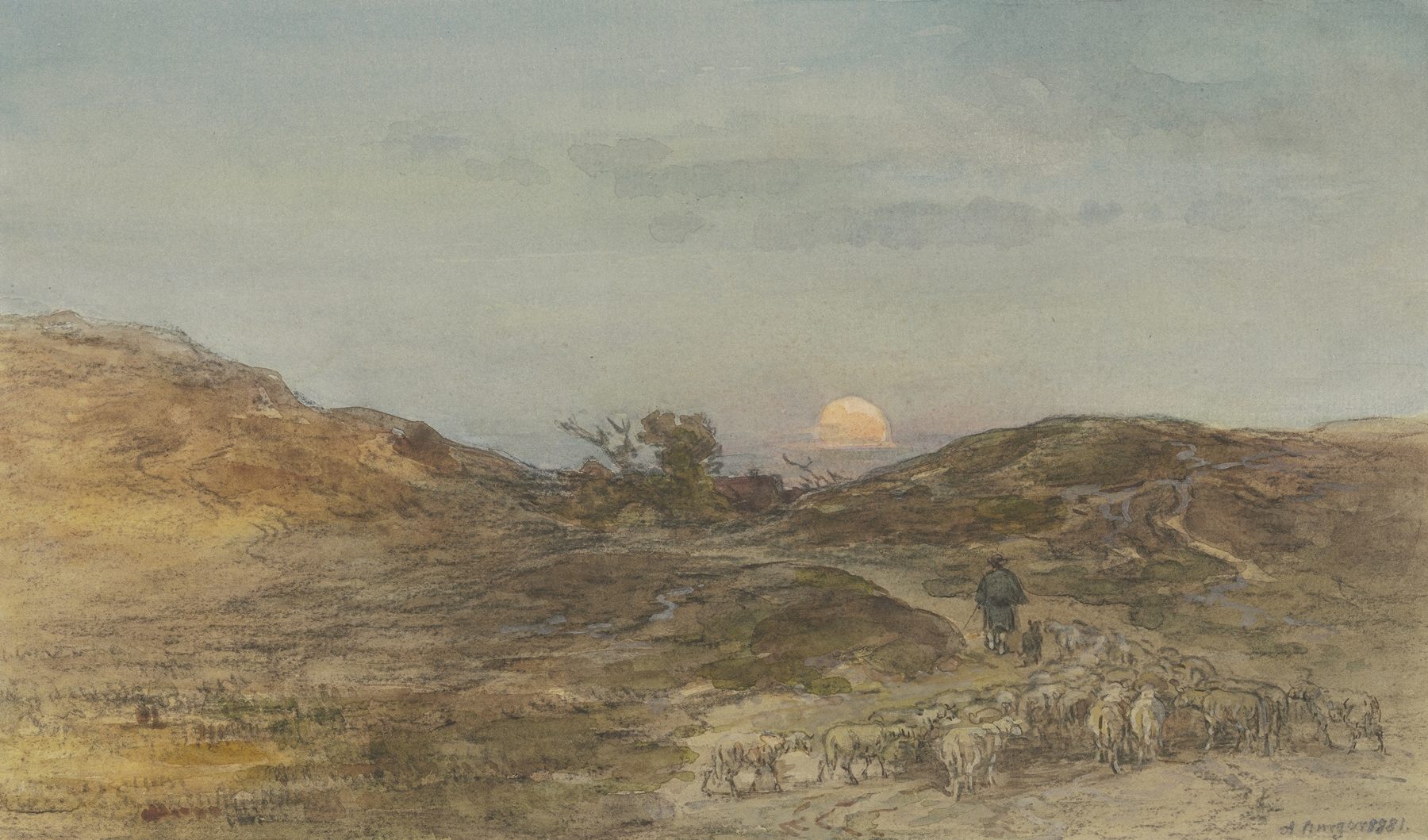 Oil painting by Anton Burger featuring sheep on a path at sunset
