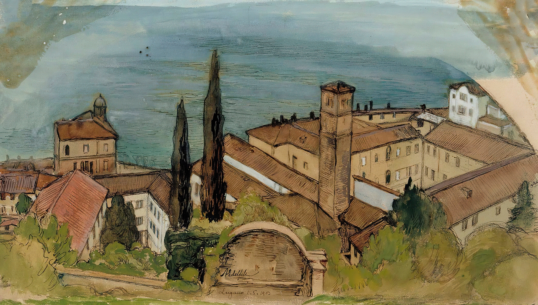 Lugano by Albert Edelfelt, Impressionism, depicting Lake Lugano with sunlight reflections.