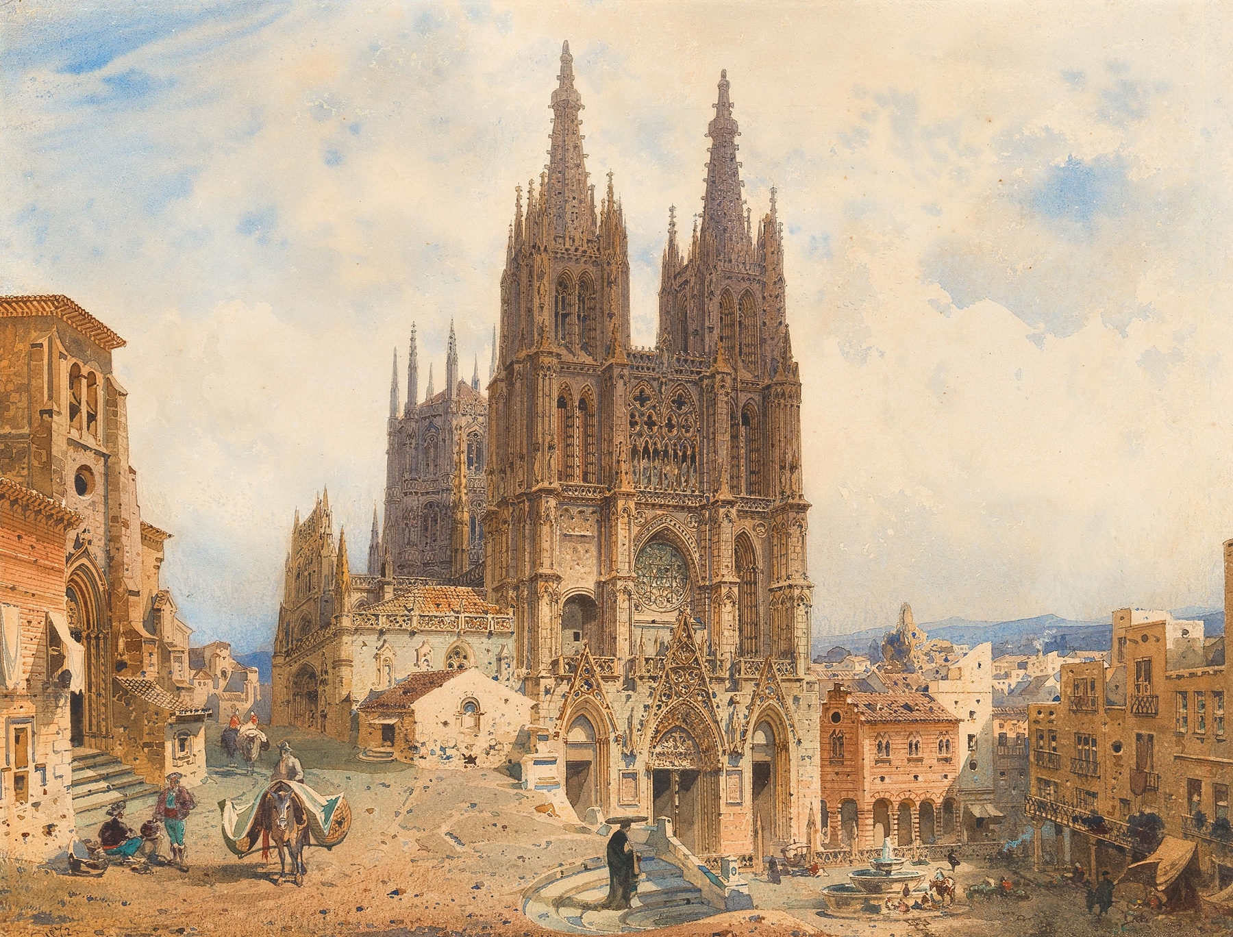The Cathedral of Burgos by Friedrich Eibner, oil on canvas, showcases towering spires and warm sunlight.