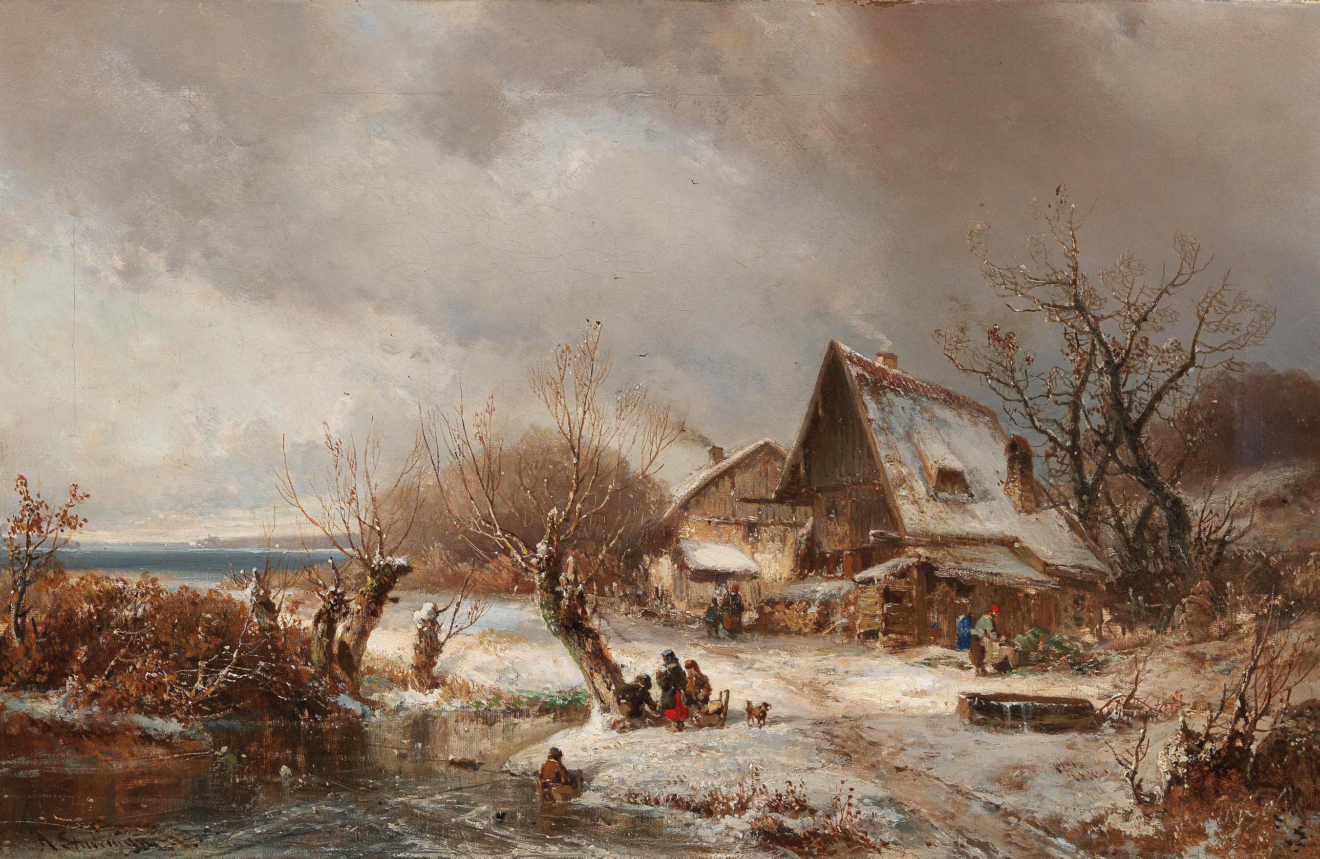 Winter landscape with farmstead, oil painting by Adolf Stademann