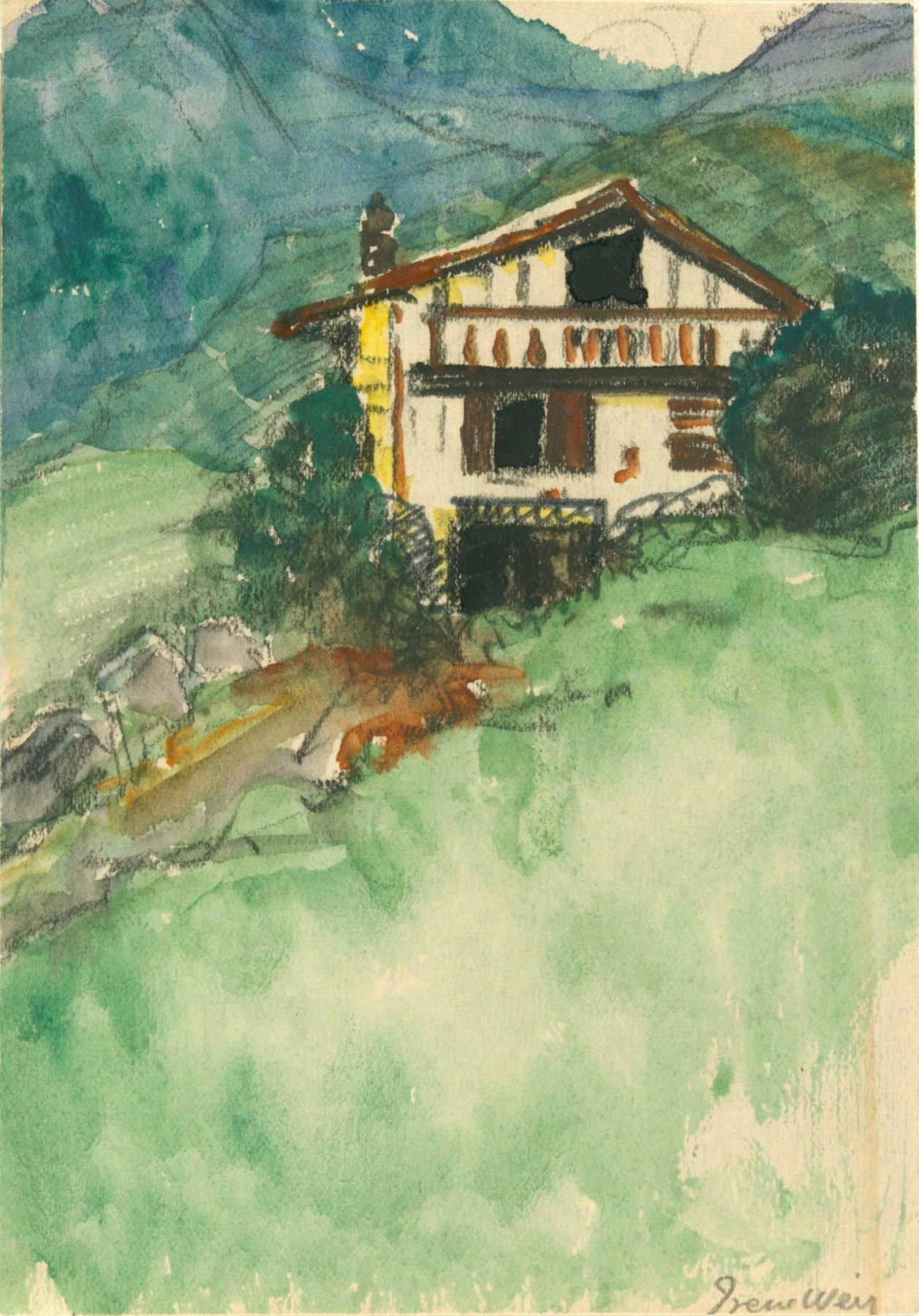 A Basque house in the Pyrenees, 1923 by Irene Weir, showcasing textured stone facade.