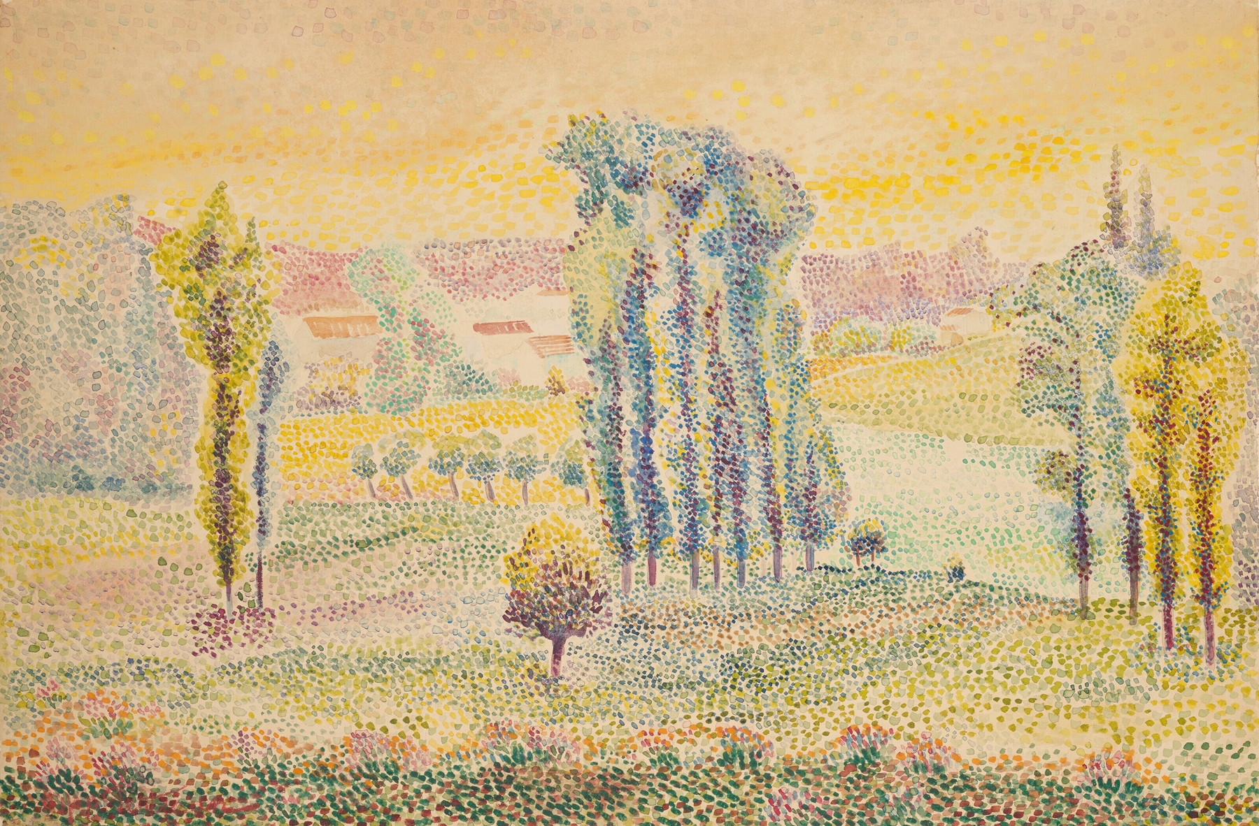 Paysage by Hippolyte Petitjean, oil on canvas depicting a serene landscape with hills and soft light.