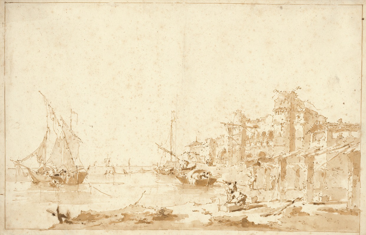 Francesco Guardi's painting depicts a serene Venetian lagoon with a fortress.
