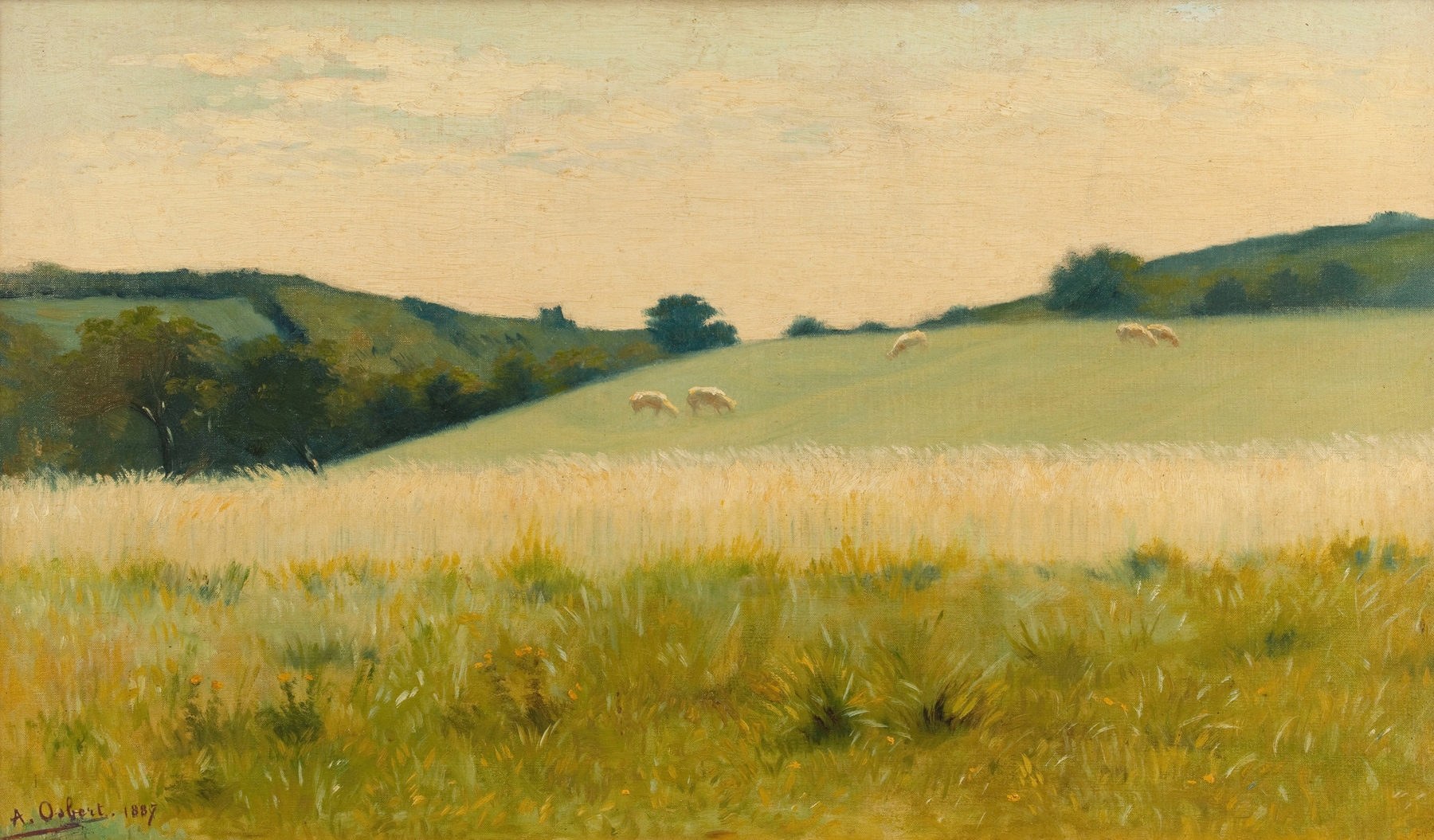 Landscape oil painting by Alphonse Osbert depicting fields and a sunset